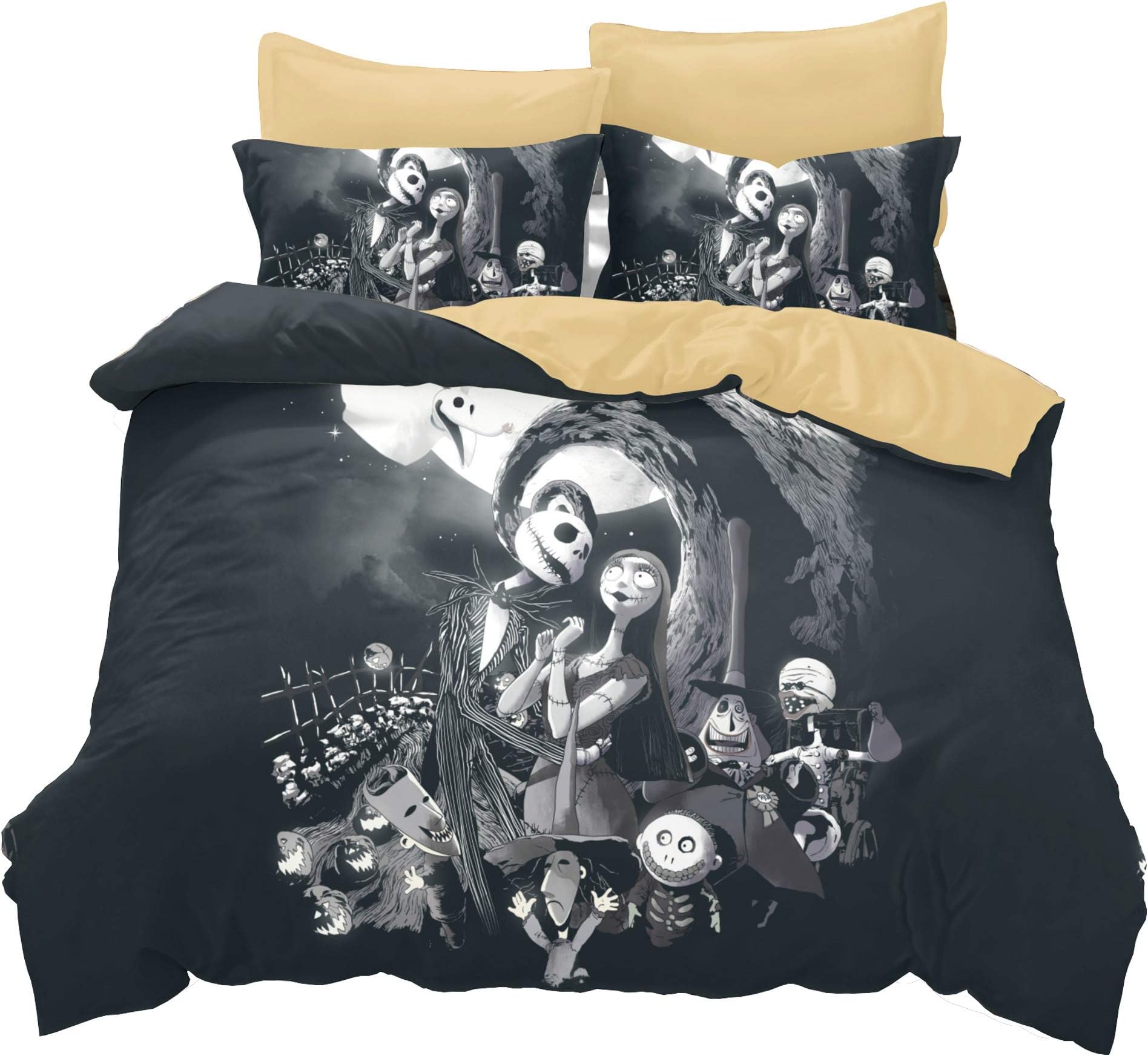 KTKRR Christmas Duvet Cover Set(no Comforter),Scarecrow Style Nightmare Before Christmas 3pc Bedding Set, Duvet Cover with Pillowcase Gift 3D Terrorist Design (Cal King, Black Christmas)