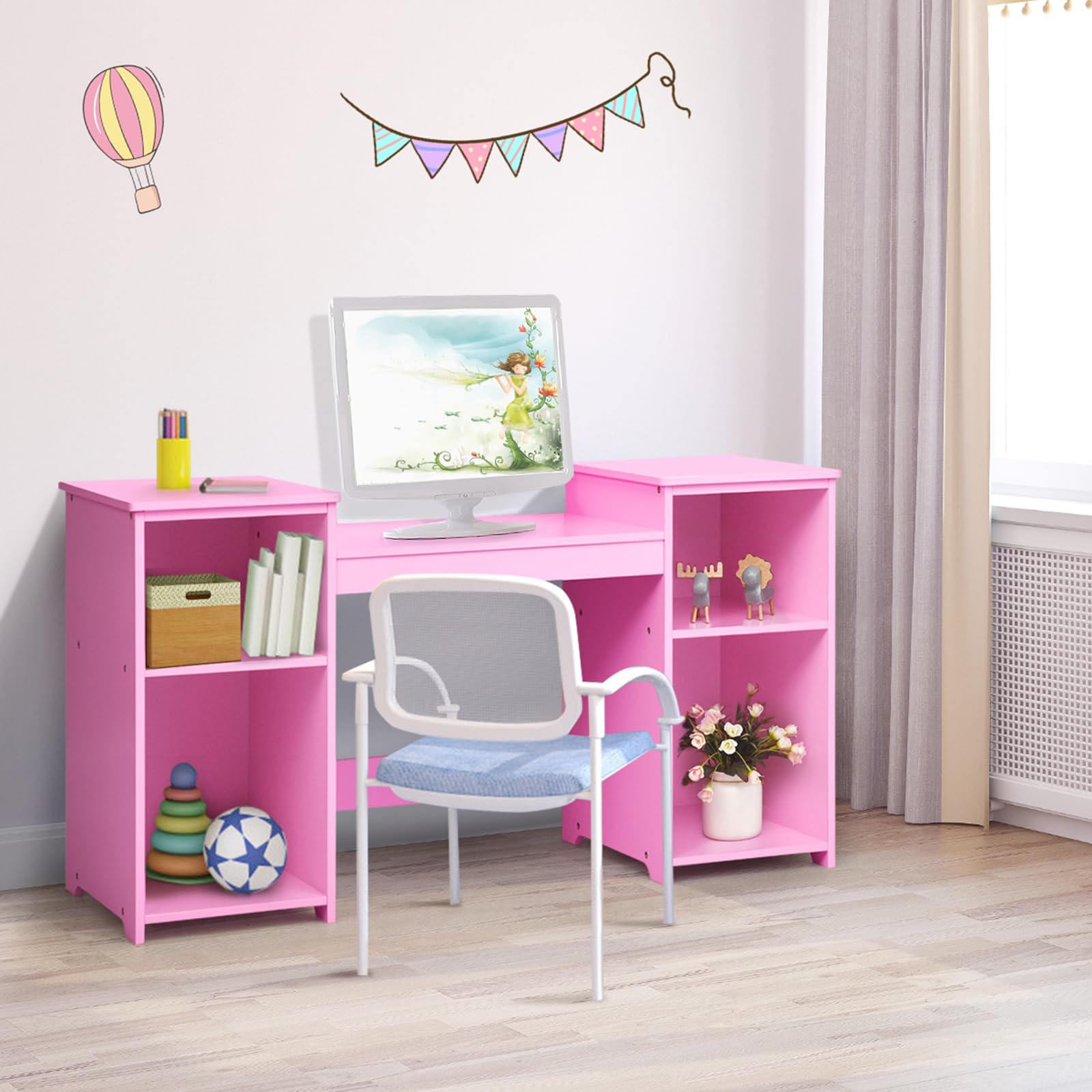COSTWAY Toeletta Trucco per Bambina, Specchiera per Ragazzi in Legno Robusto, Postazione Trucco 2 in 1 con 4 Mensole e Specchio (Rosa)