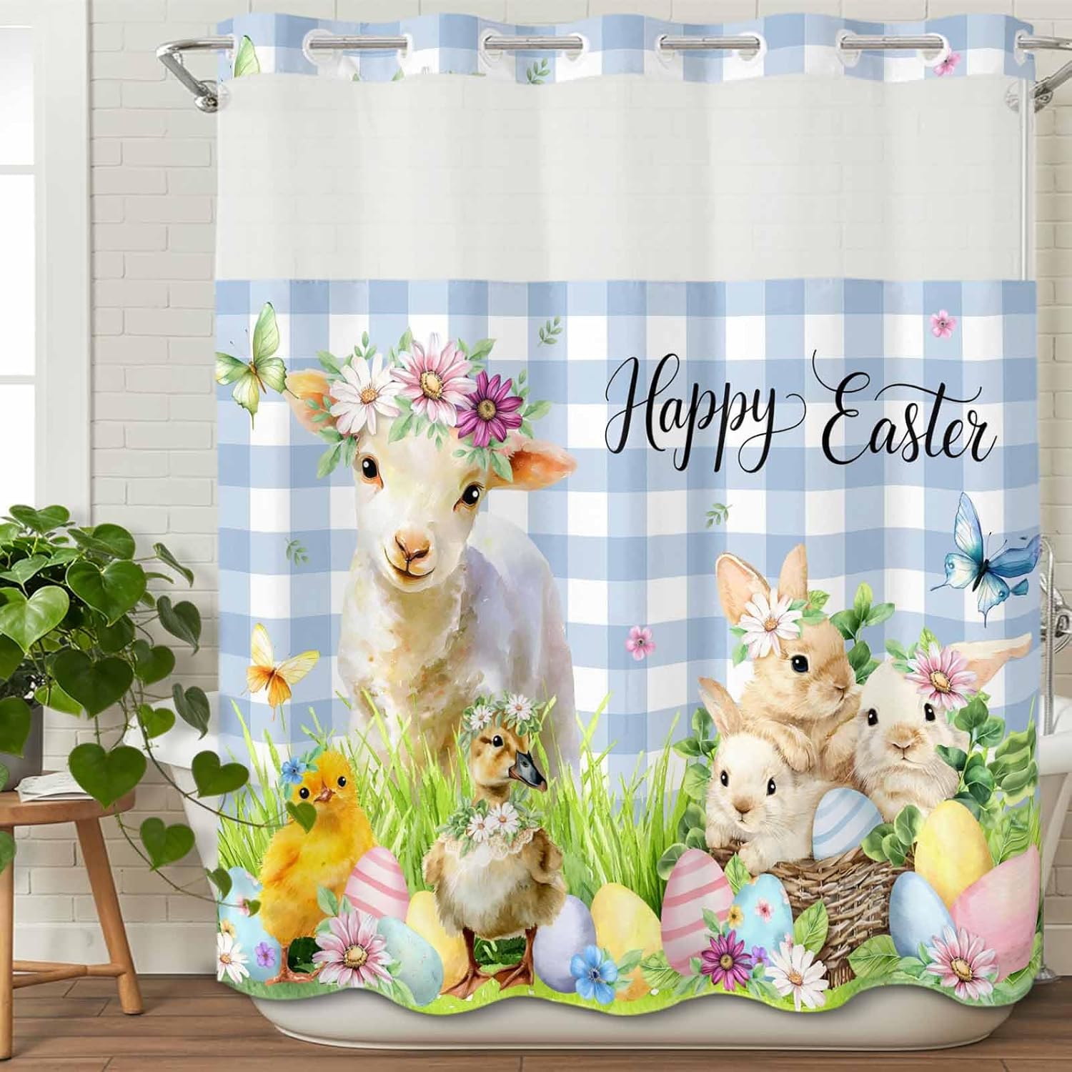 No Hook Shower Curtain and Snap in Liner Set, Easter Fabric Bathroom Shower Curtains 66x72 Inch, See Through Mesh Top Window, Spring Bunny Sheep Floral Eggs Botanical Blue Check Hotel Style