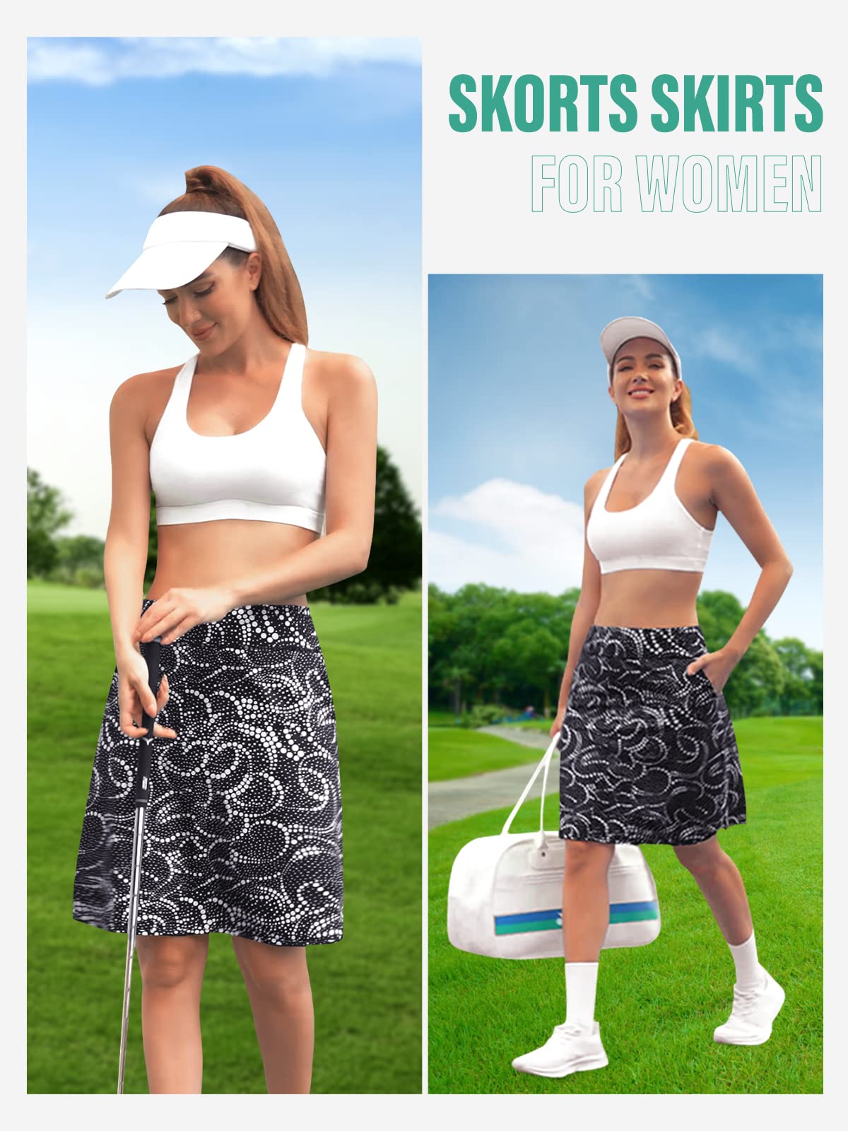 Kimmery Jupes de golf pour femmes - Longueur genou de 50,8 cm - Jupes avec 3 poches - Ourlet fendu - Jupes athlétiques - Tailles M-3XL