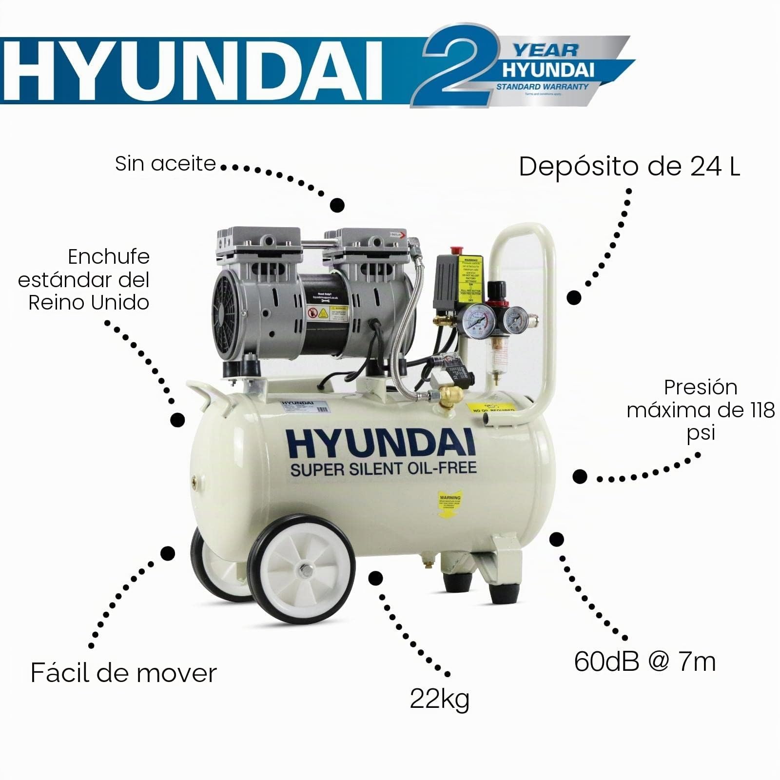 Hyundai Compresor de aire de 24 litros, 5,2 cfm/100 psi, silencioso, sin aceite, 750 W/230 V, 150 litros por minuto, 2 años de garantía