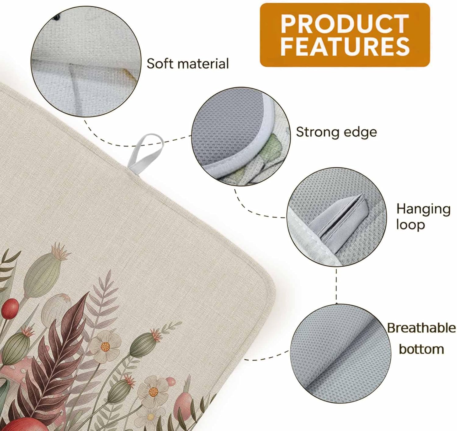 Retro Farmhouse Mushroom Plant Dish Drying Mats for Kitchen Counter,Absorbent Microfiber Dish Drainer Rack Mat Rustic Botanical on Linen Drying Pad for Sinks,Utensils,Countertops,18x24in