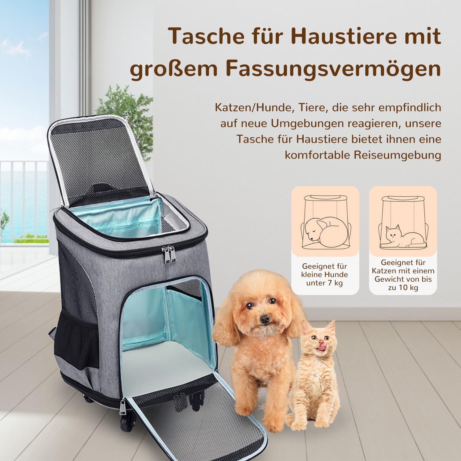 Hunde- & Katzenrucksack Mit Trolley – Faltbare Transporttasche Für Haustiere Bis 10 Kg, Grau