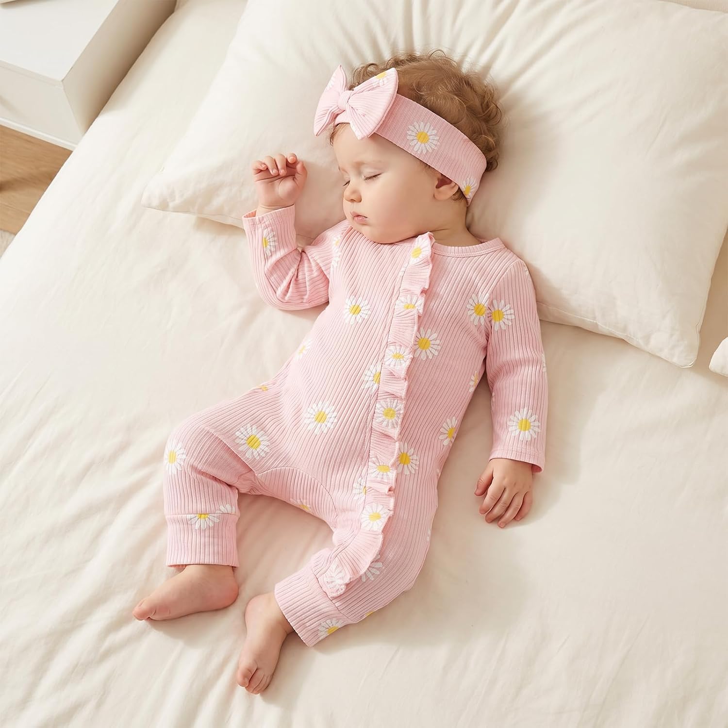 Newborn Baby Girl Fall Clothes Waffle Daisy Winter Jumpsuit Romper image 4