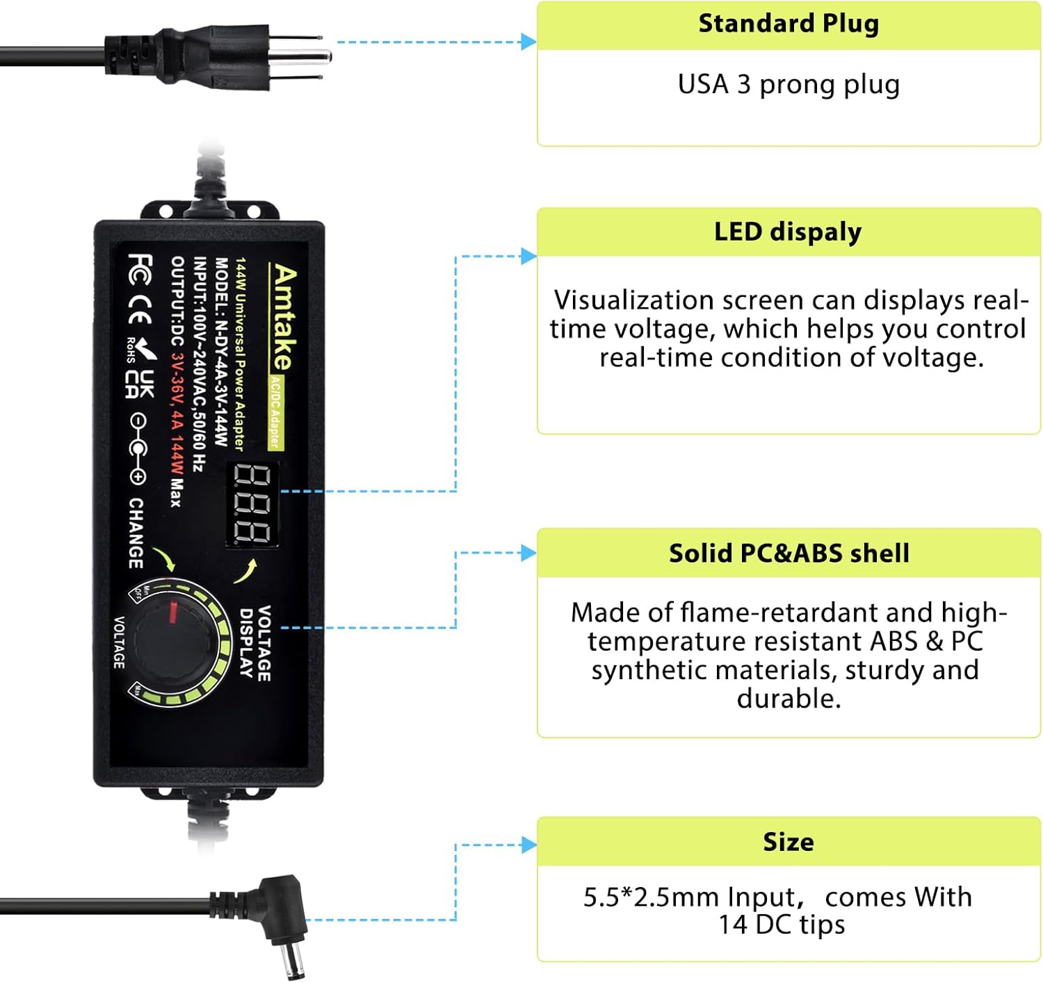 Adjustable Universal Power Supply Adapter 4A 144W Adjustable Variable Switching 3V~36V 3V 5V 12V 24V 30V 36V AC/DC Adapter, AC to DC Converter with 14 Tips, Polarity Converter and Test Lead