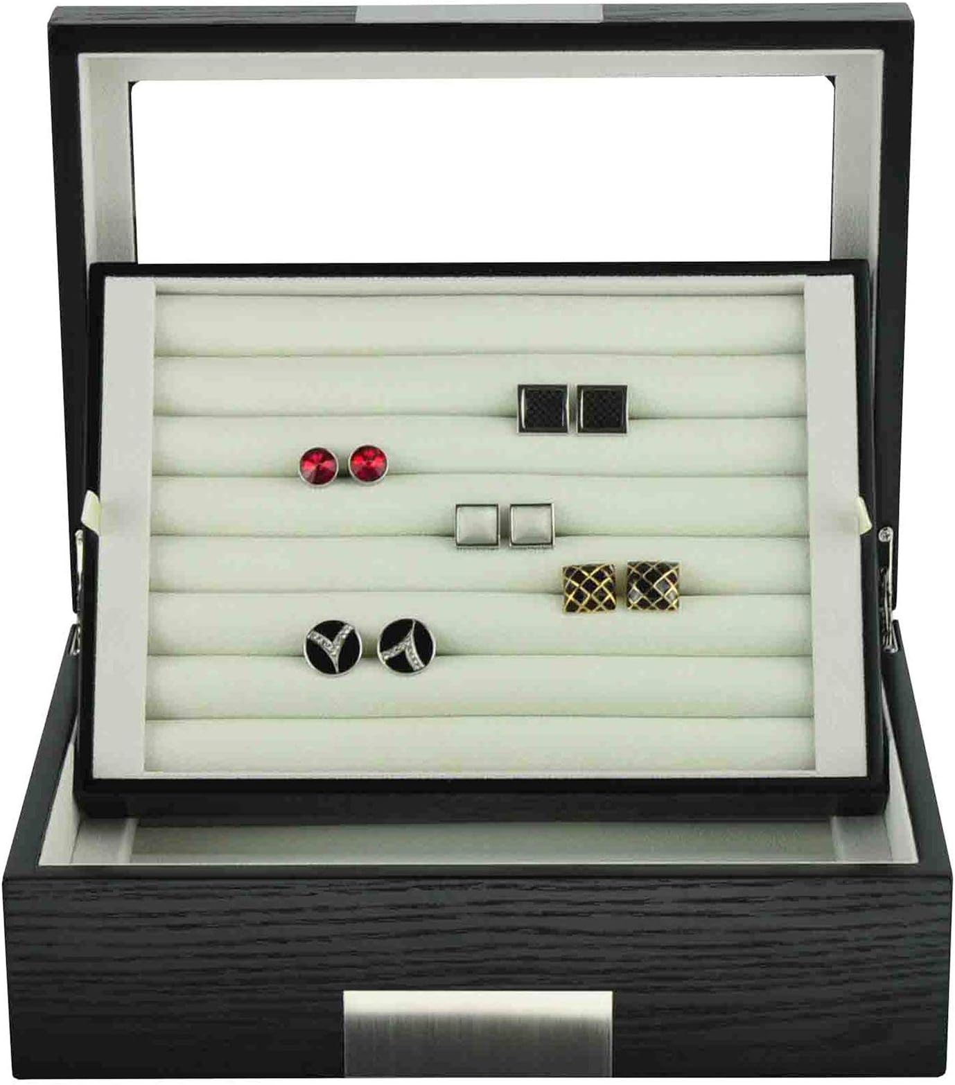 TIMELYBUYS Black Ebony Wood Cufflink Case & Ring Storage Organizer with Stainless Steel Engravable Design Accent Men's Jewelry Box 72 Cufflinks Black