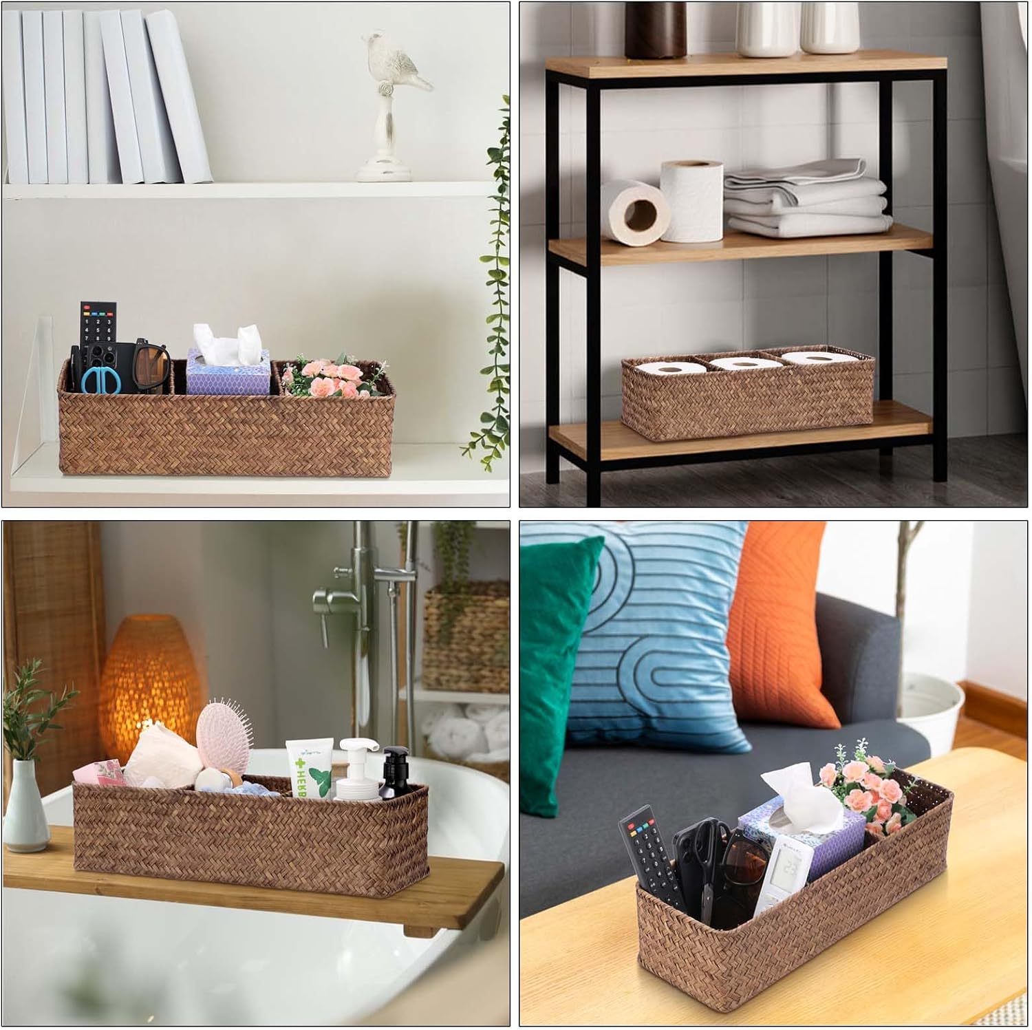 Hipiwe Handwoven Wicker Storage Box 3 Sections Seagrass Basket Bin Toilet Paper Holder for Bathroom Shelf Organizer for Kitchen Living Room, Coffee Color
