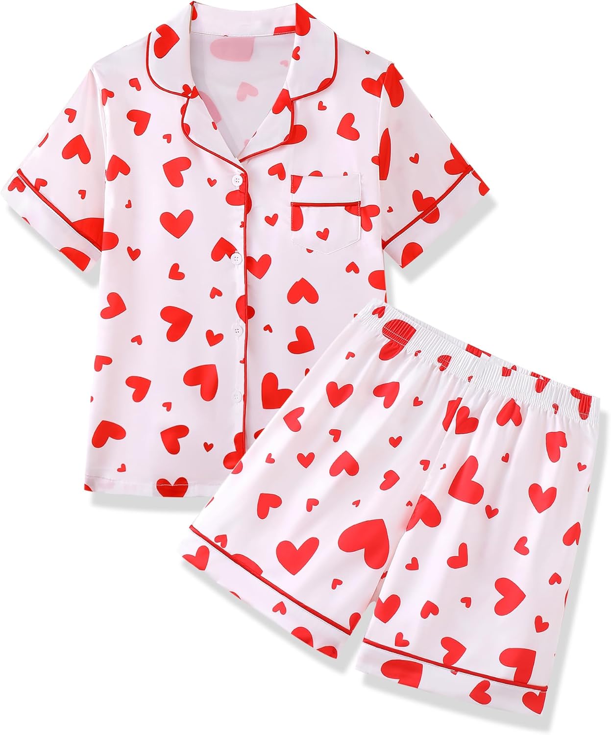Mikrdoo Girls Pajamas 2 Piece Summer Soft Silk Satin Short Sleeve Pajama Set Cute Pjs Sleepwear for Kids Size 6-16 Years