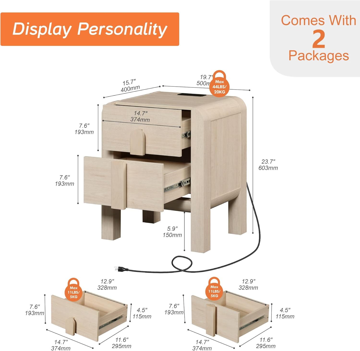 WAMPAT 23.7" Tall Modern Nightstands Set of 2, Wood Nightstand with Charging Station, Bedside Table w/2 Storage Drawers, Curved Profile Design, Sofa Side Table Accent Table for Bedroom, Beige