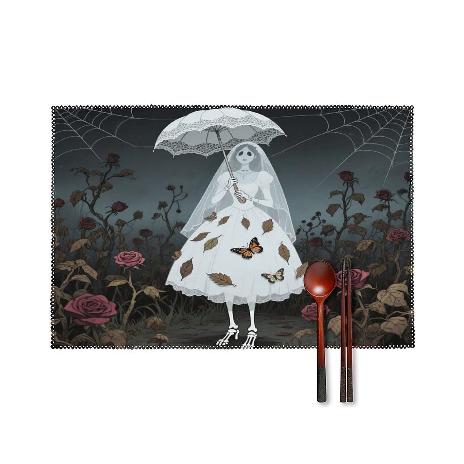Wedding Ghost Bride Placemats Set of 4 Heat Resistant Non-Slip Place Mats for Dining Table Washable Placemat Wipeable Dining Table Mat Canvas Place Mats Dining Table Decor