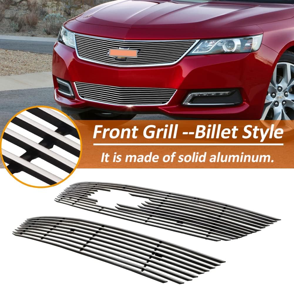 Compatible with Chevy Impala 2014-2020 with Logo Show Front Chrome Upper Bumper Grill Grille Insert Combo Bolt Over Style fits 14 15 16 17 18 19 20 Impala