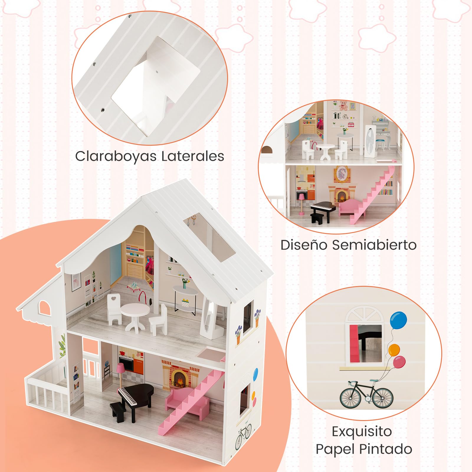 COSTWAY Casa de Muñecas de Madera para Niños, 81x30x86cm, Casita de Muñecas Semiabierta con Muebles y Habitaciones, Juego de Casa de Muñecas de Ensueño para Niños de 3+ Años