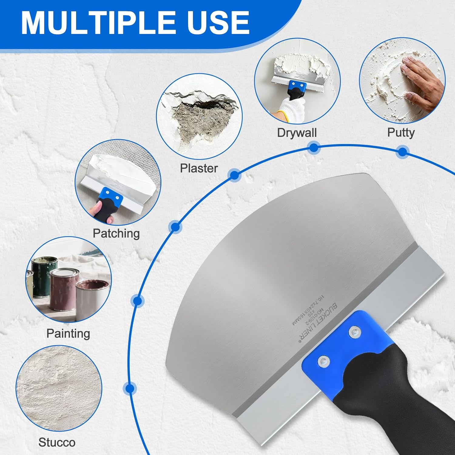 2Pack Fishark 6.5" Curved Bucket Scoop, Stainless Steel Tool for Drywall & Plaster, Rustproof Contoured Blade, Soft-Grip Handle, Multipurpose Scoop & Scraper for Paint, Mortar, Spackling