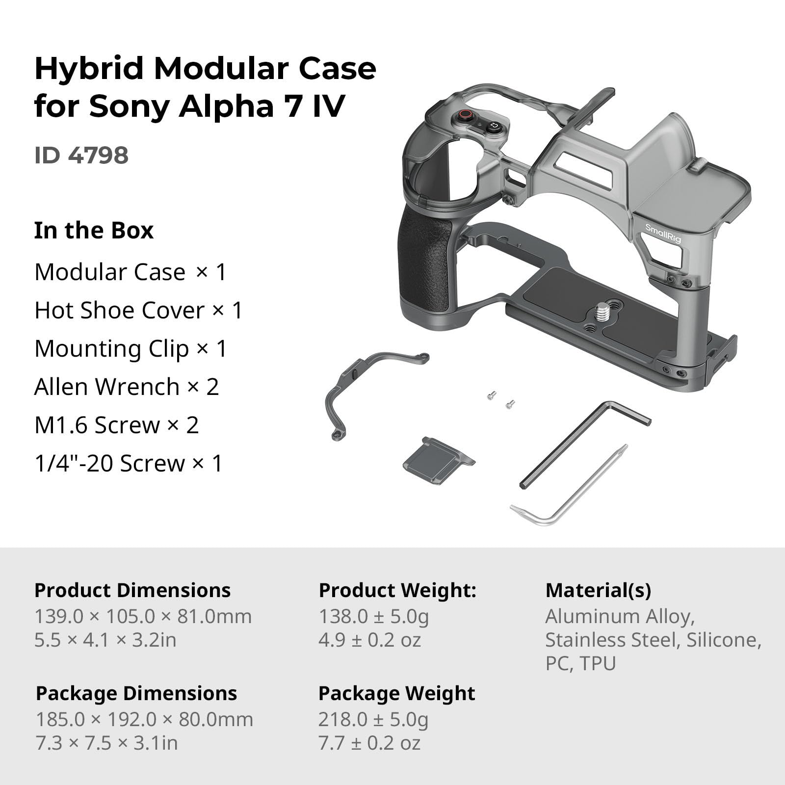 SmallRig Arca-Swiss 4798 Étui hybride modulable pour appareil photo Sony Alpha 7 IV avec poignée ergonomique et plaque intégrée