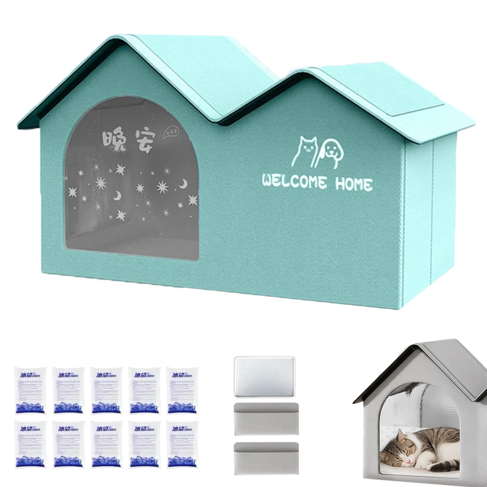Pet Cooling House for Cats and Small Dogs, Foldable Indoor Outdoor Cat House with 10 Ice Packs, Waterproof Insulated Dog House, Ventilated Summer Cooling Cat Bed Shelter (Blue, 18.1 * 13.8 * 14.6in)