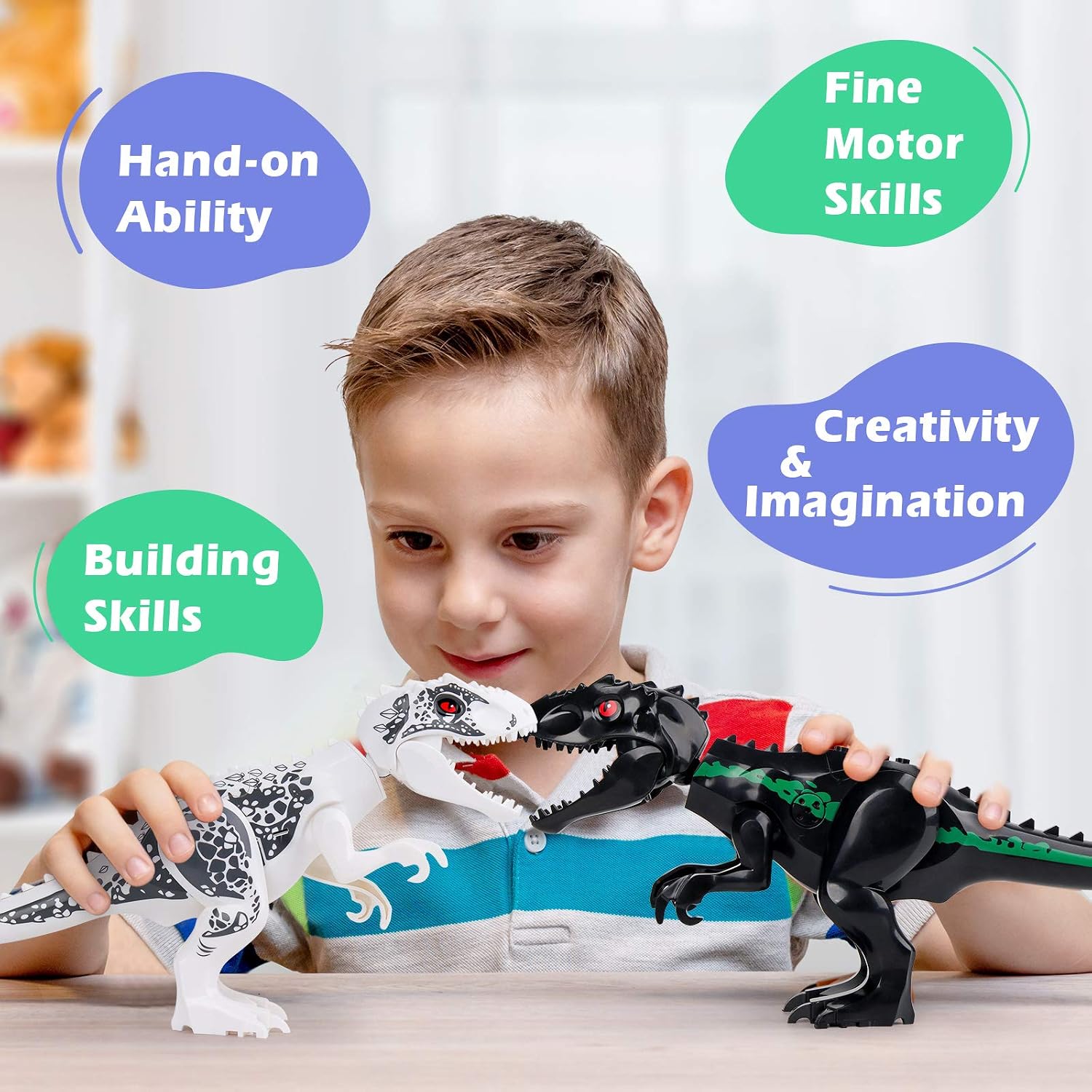 Vanmor 2 Set Large Dinosaur Toys for 3 4 5 6 7 8 Years Old Indominus Rex Building Blocks Jurassic Dinosaur Toys for Kids 3-5 5-7 8-12, Black White Dino Toy Birthday Gifts Boys Girls