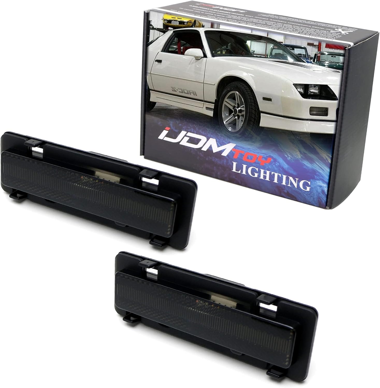 iJDMTOY Dark Smoked Lens Bumper Side Marker Lamp Housing Assmebly Compatible With 1982-1992 Chevrolet Camaro, Pontiac Firebird, Replace OEM Front Sidemarker Lamps