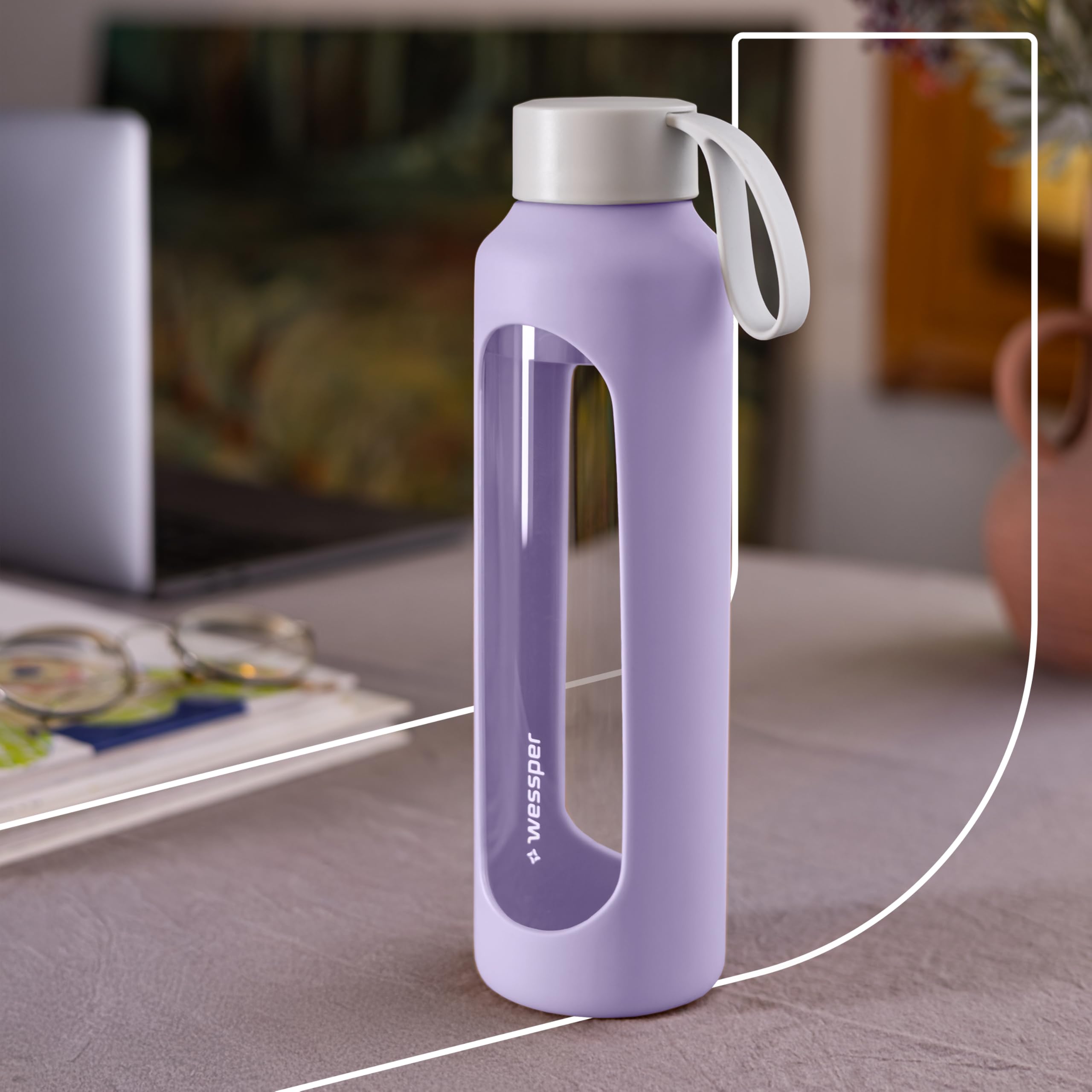 Wessper Botella de Agua Cristal, Botella 500 ml Motivadora con Escala de Hidratación, Botellas de Vidrio Borosilicato con Funda de Silicona, Material Seguro sin BPA - Violeta — view 6