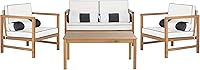 SAFAVIEH Montez 4-Piece Outdoor Conversation Set: Natural Eucalyptus Wood Bench, Table, Chairs with White Cushions & Striped Pillows