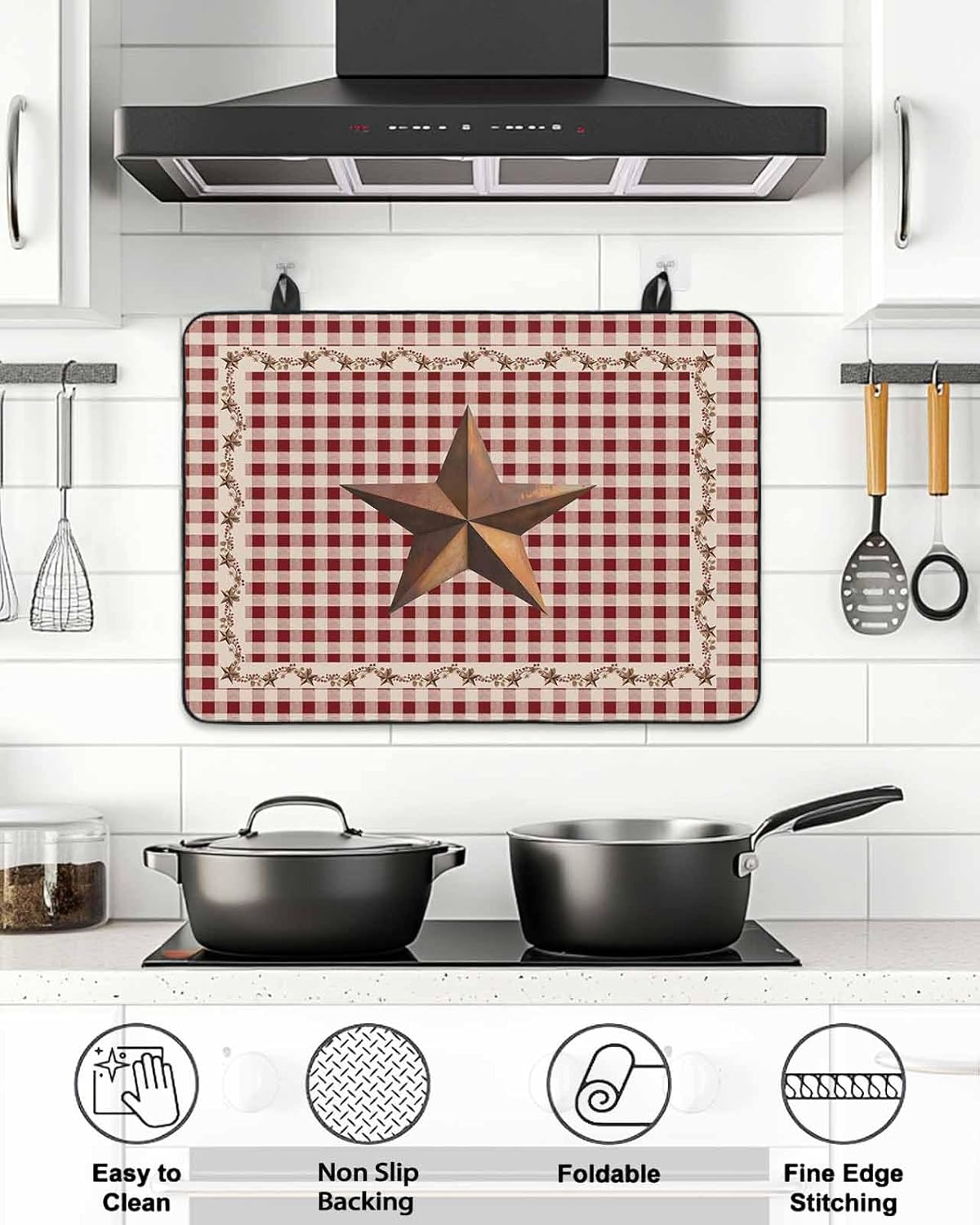 Stove Top Cover Barn Star Texas Stove Cover for Electric Stove Top Berry Country Red Plaid Glass Cooktop Covers Anti-Slip Mat Heat Resistant Countertop Protector Kitchen Decor 31"x24"