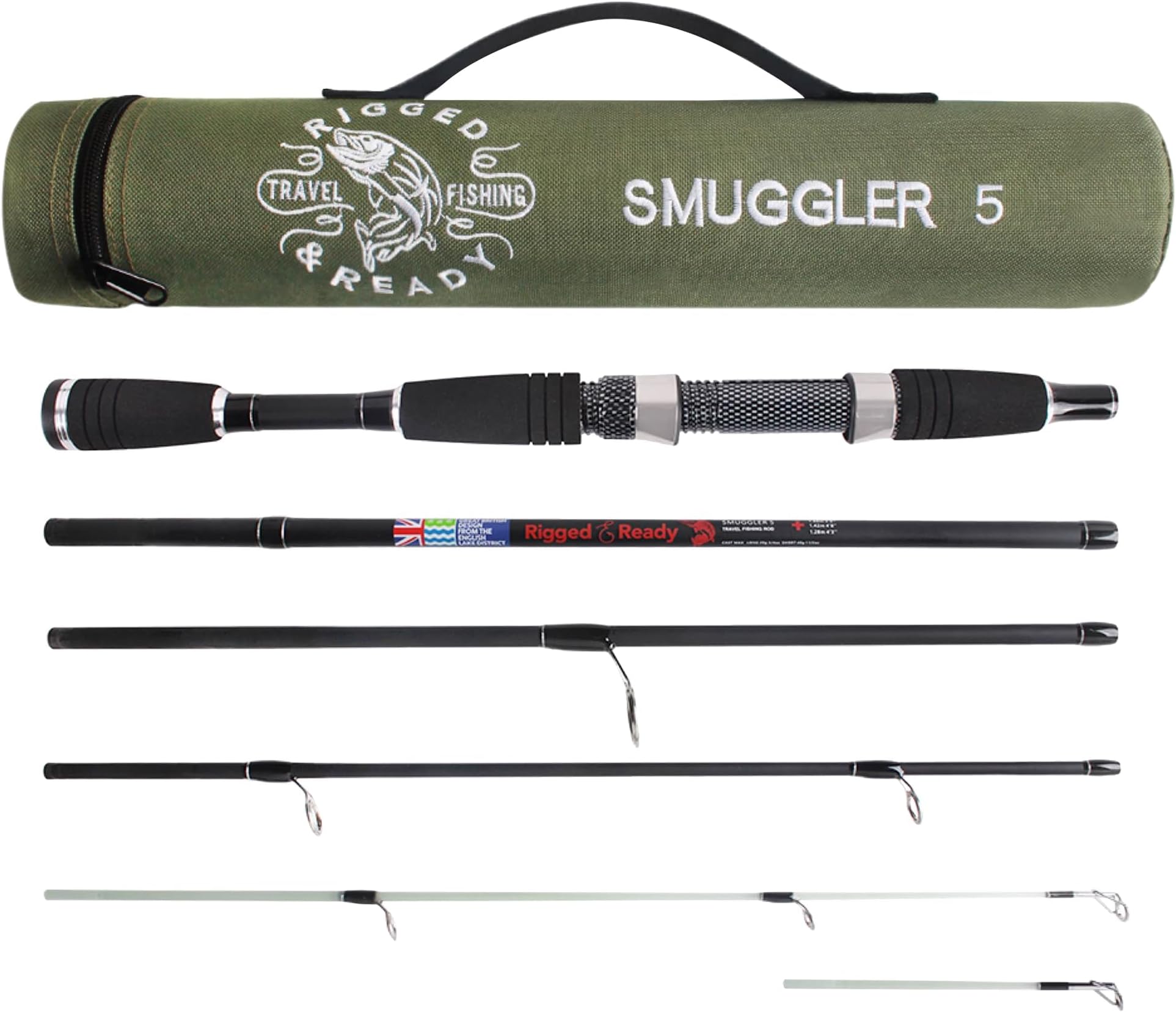 Rigged and Ready Smuggler Series Travel Fishing Rods. 4 Unique Super Compact Multi-function Rod lengths, with 2 or 4 tips for Active Travel Anglers for freshwater and seawater fish