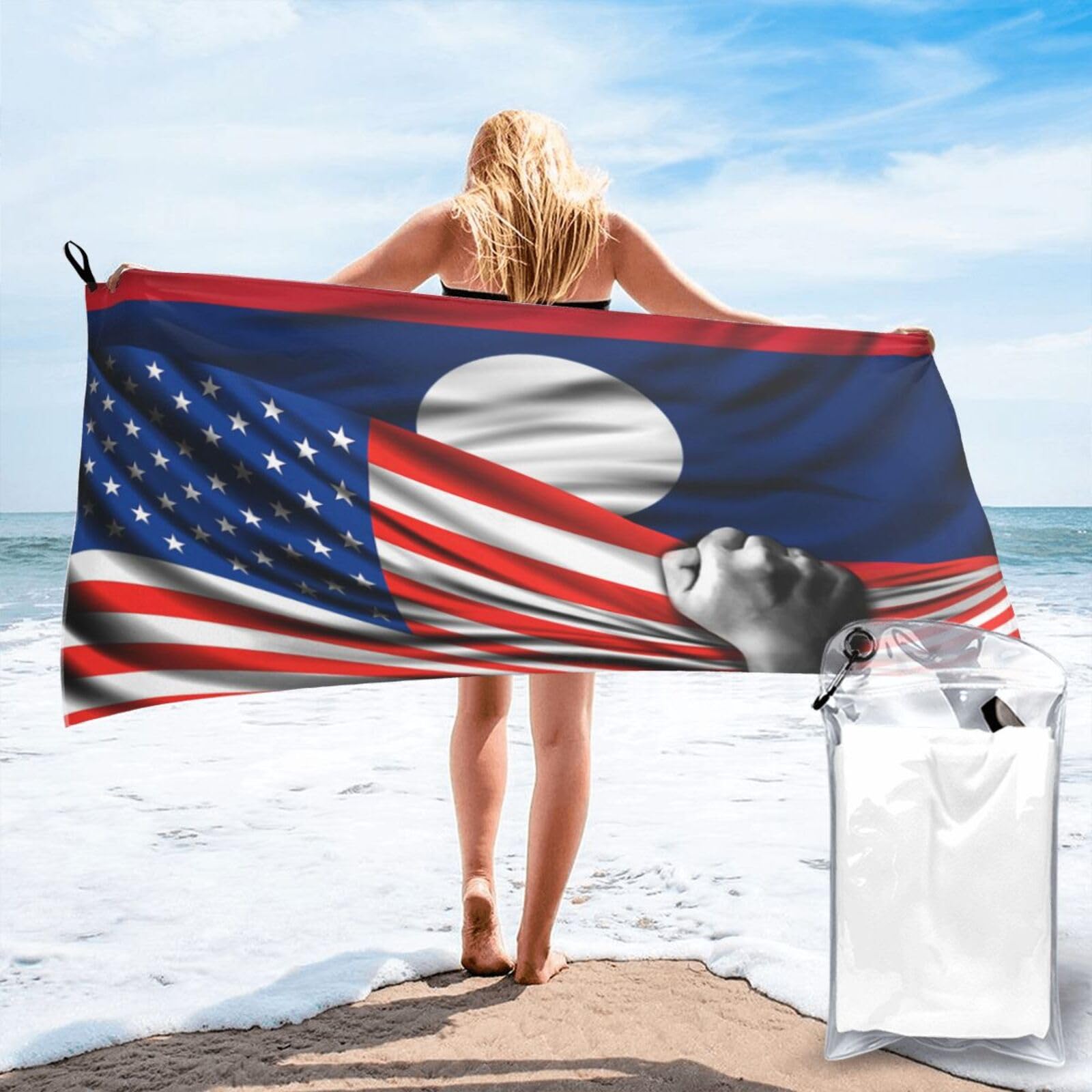 HACXZ Beach Towel America Flag and Laos Lao Flag Microfiber Beach Towel Lightweight Absorbent 31.5"X63"
