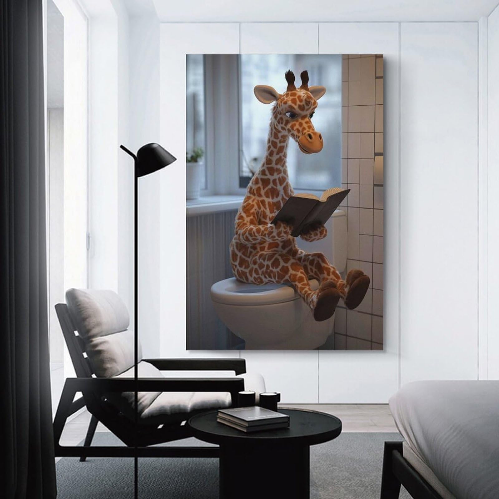 Junmoney Unframe-Style-16-1 Giraffe Reading On Toilet Poster, Picture, Metal Print, Paint By Creed Canvas Wall Art, 12X18inch(30X45cm), For Workspace Walls, Study Corners Or Bedrooms, An Interior Accent For Desk Areas