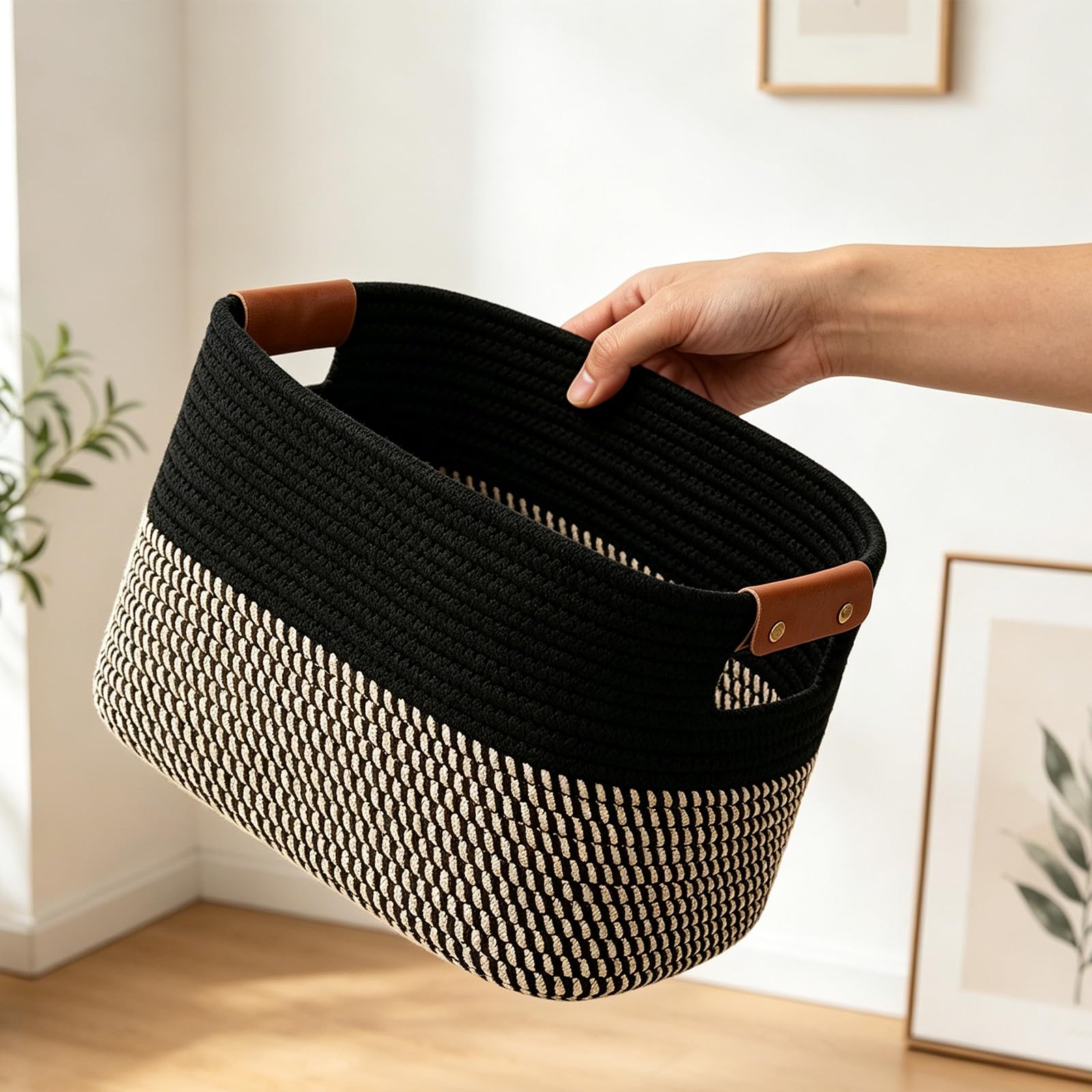 Hemp Grey Storage Basket With Handle Foldable Bins Cotton Rope Basket 15X10x9 Inch