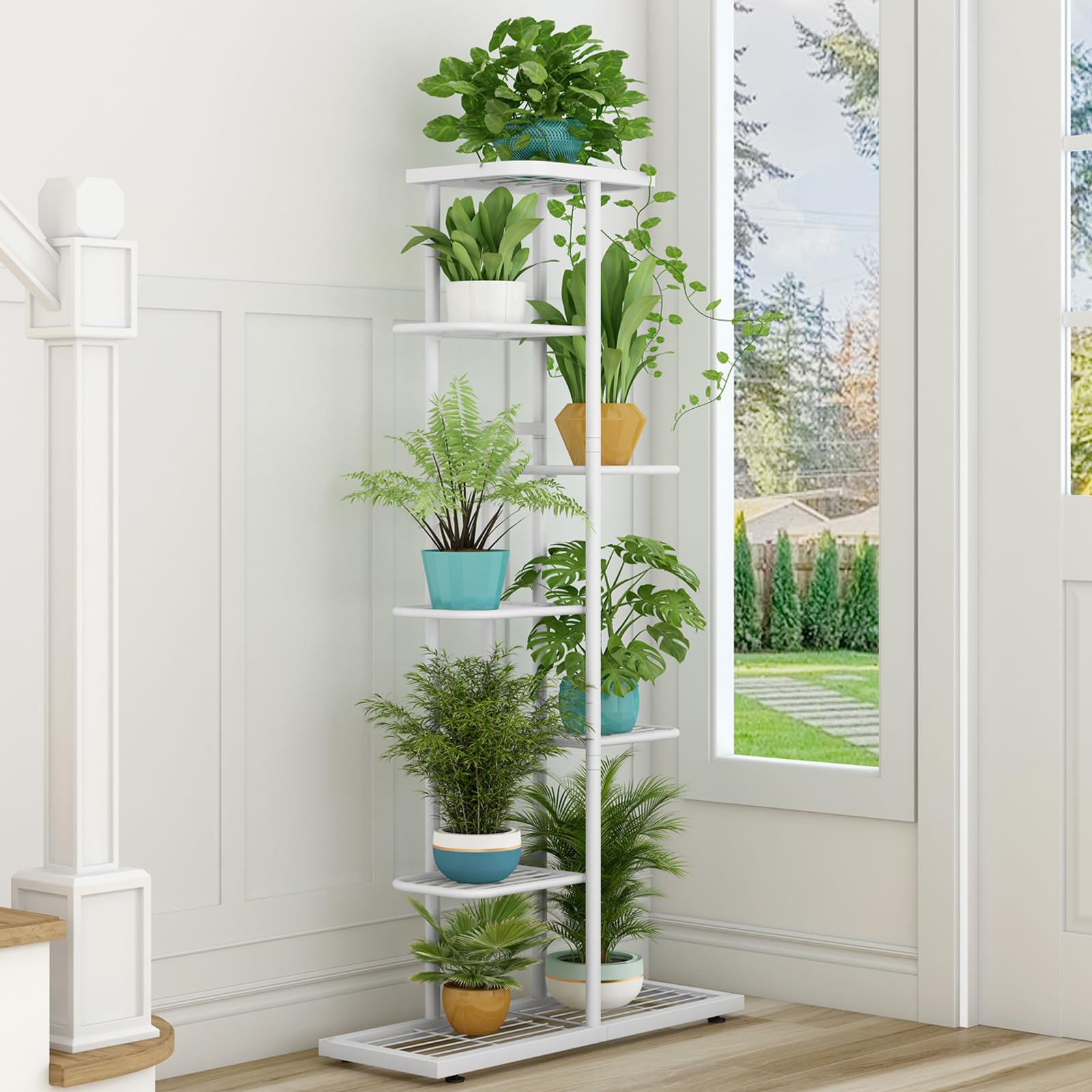 Meuble Plantes Intérieur LINZINAR Support Plantes 4 Niveaux - Étagère Jardin Balcon Salon, 5 Pots Inclus Meuble Plantes Design