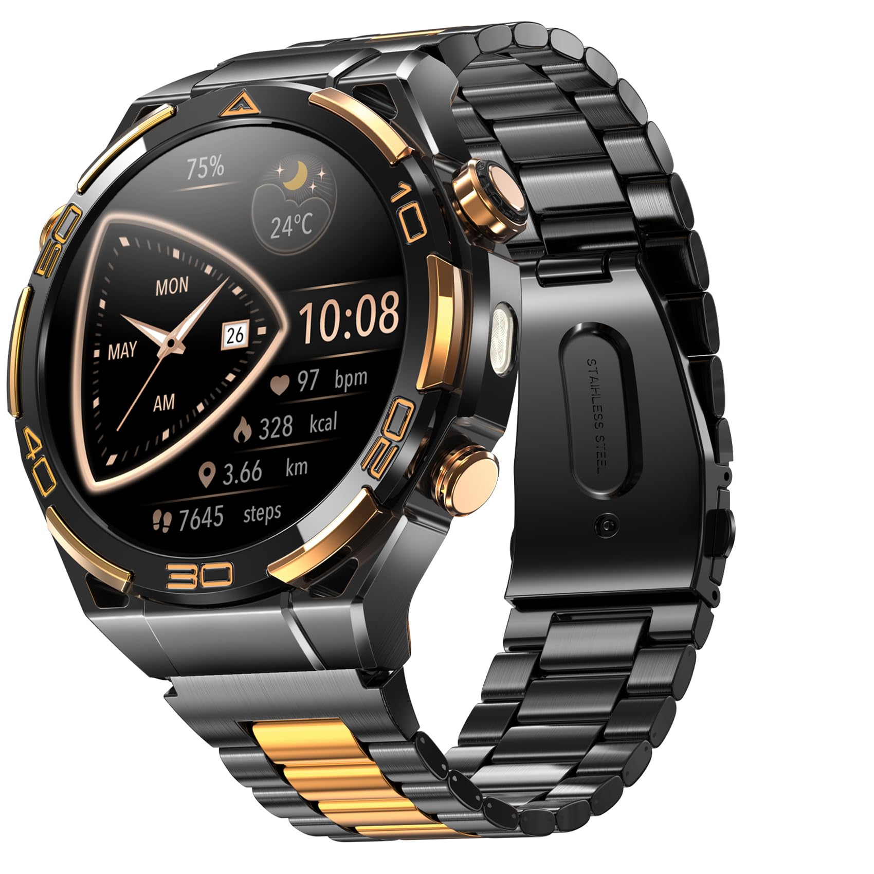 Blackview Smartwatch Herren, 14K-Gold-Einlage/GPS/Kompass/Bluetooth-Anrufe/AI/ChatGPT, Sportuhr, 100+ Sportmodi, Puls-Schlaf-Schritte-Kalorien-Kilometer, Fitnessuhr für Android iOS, Flagship Edition
