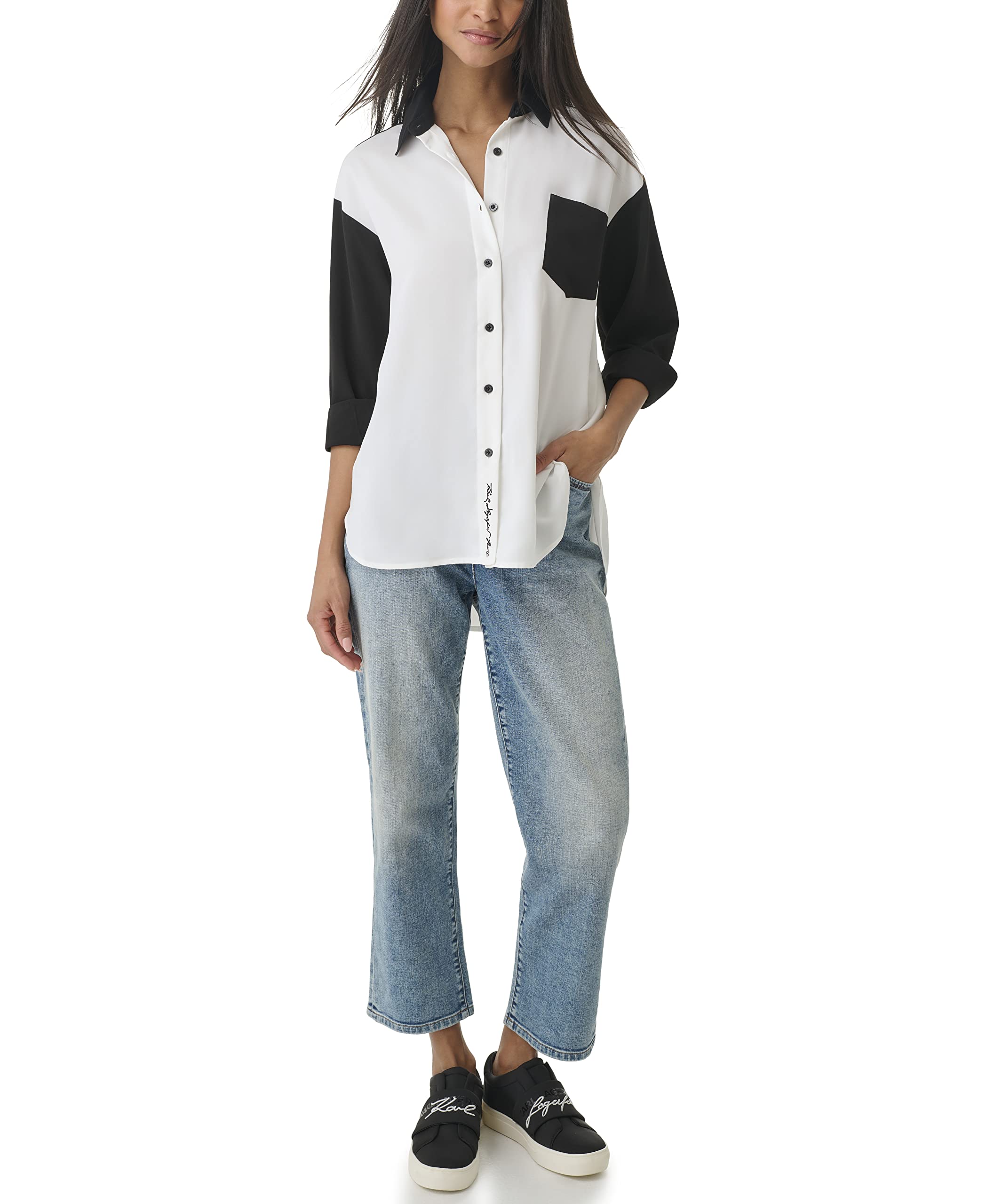 KARL LAGERFELDWomen's Soft Long Sleeve Colorblock Everyday Fashion Sport Blouse