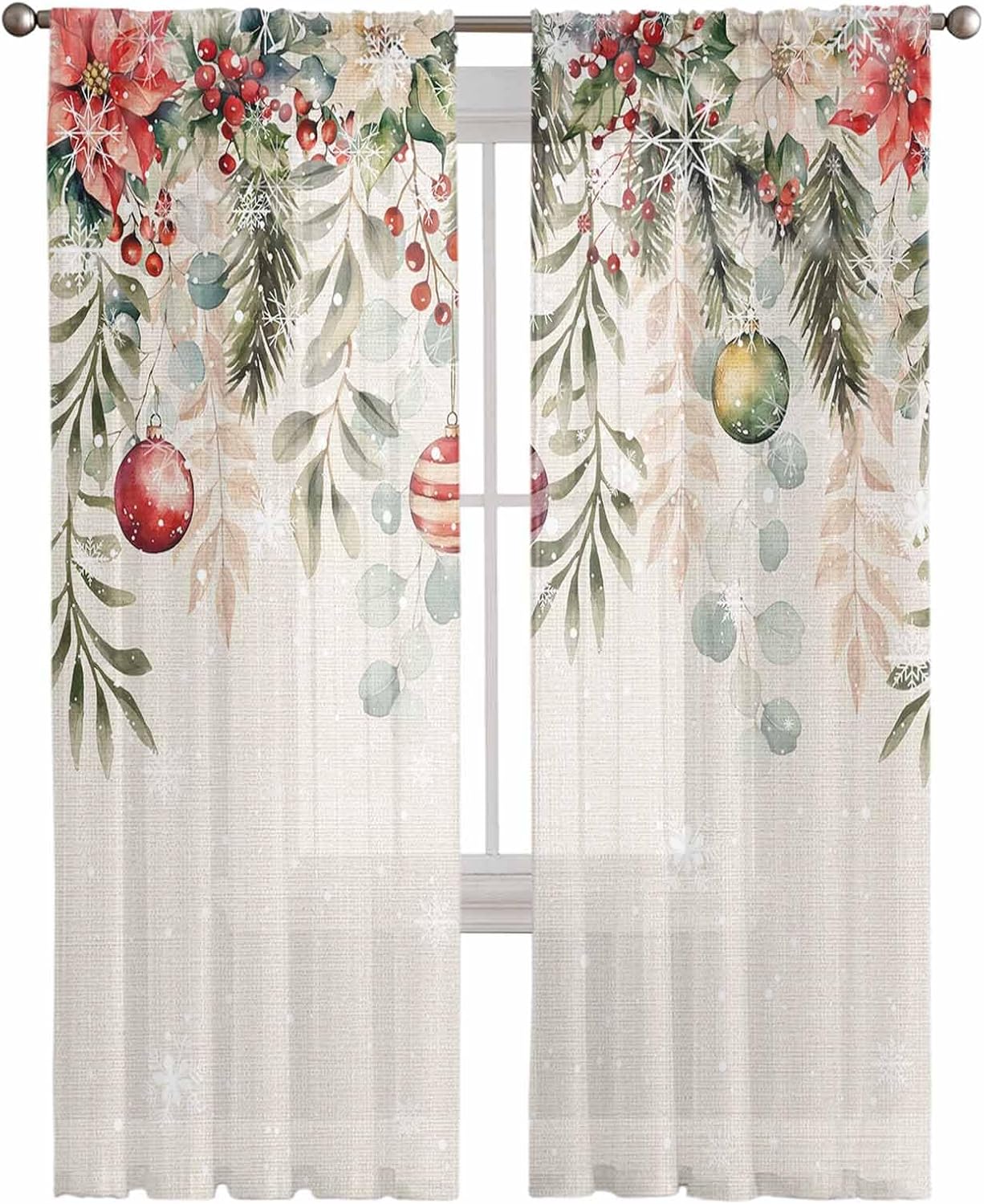 Christmas Semi Sheer Curtains 84 inch Length for Living Room, Christmas Flower Poinsettia Holly Eucalyptus Ball Linen Window Treatments Curtains Rod Pocket Light Filter Sheer Bedroom Drapes 2 Panels