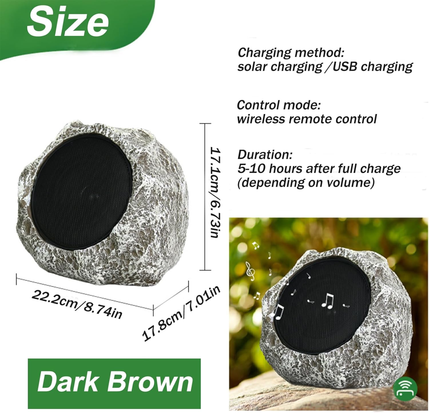 Outdoor Speakers Waterproof, Outdoor Rock Speakers 9x7x7'' Waterproof Solar-Powered/USB Wireless Outdoor Speakers Rechargeable Outdoor Speakers for Garden Patios, Wireless Outdoor Speakers, Brown