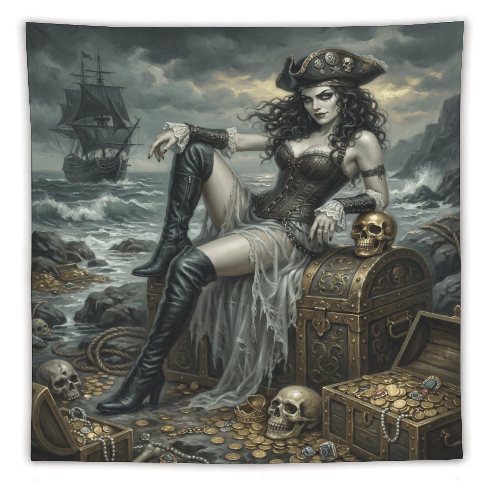 H3B8U2Y5 Pirate Queen Skull Treasure Wall Tapestry, Industrial Punk