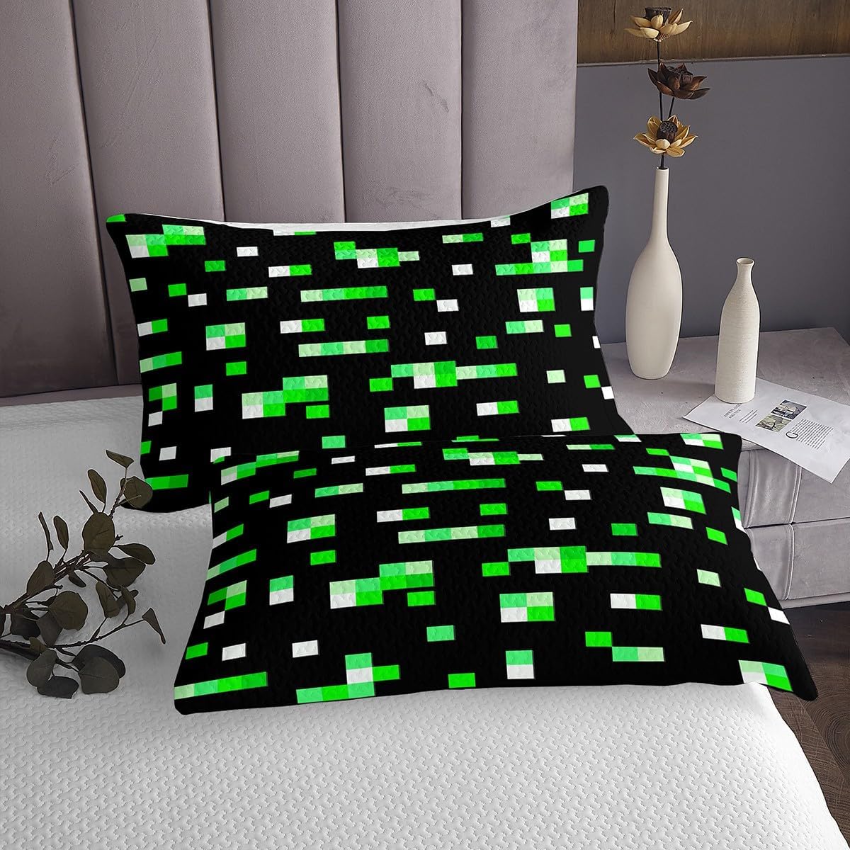 Castle Fairy Green Miner Grid Bedspread Twin Size,Pixelated Blocks Bedding Sets 2Pcs for Kids Girls Boys Room Decor,Geometric Square Comforter Set Pixel Theme Quilt Coverlet,1 Pillowcase