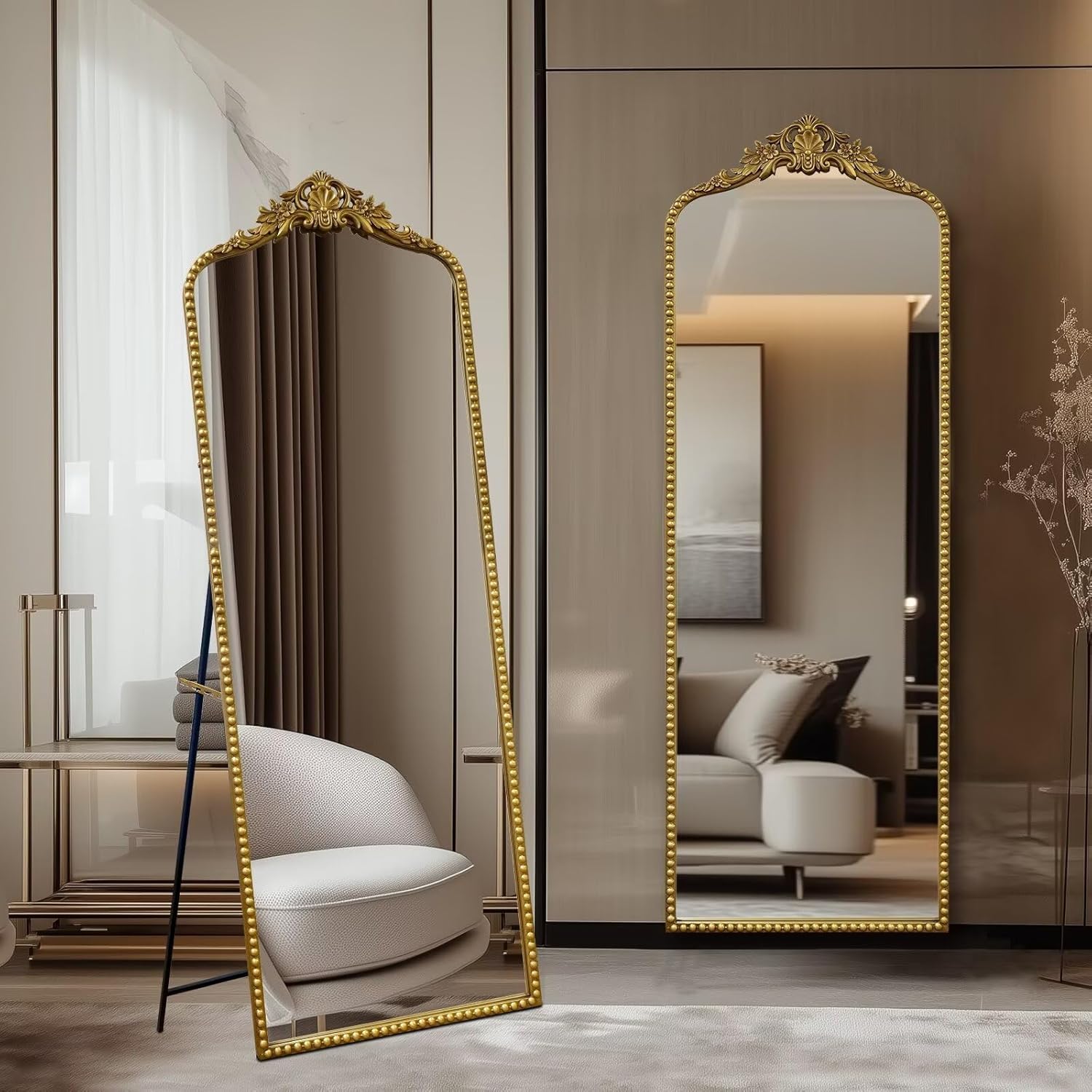 Growsun Antique Vintage Gold Baroque Full Length Floor Mirror, 65’’x22’’ Ornate Full Body Mirror w/Free Standing, Wall-Mounted and Leaning Against The Wall, for Bedroom, Living Room Vintage Gold 65''x22''
