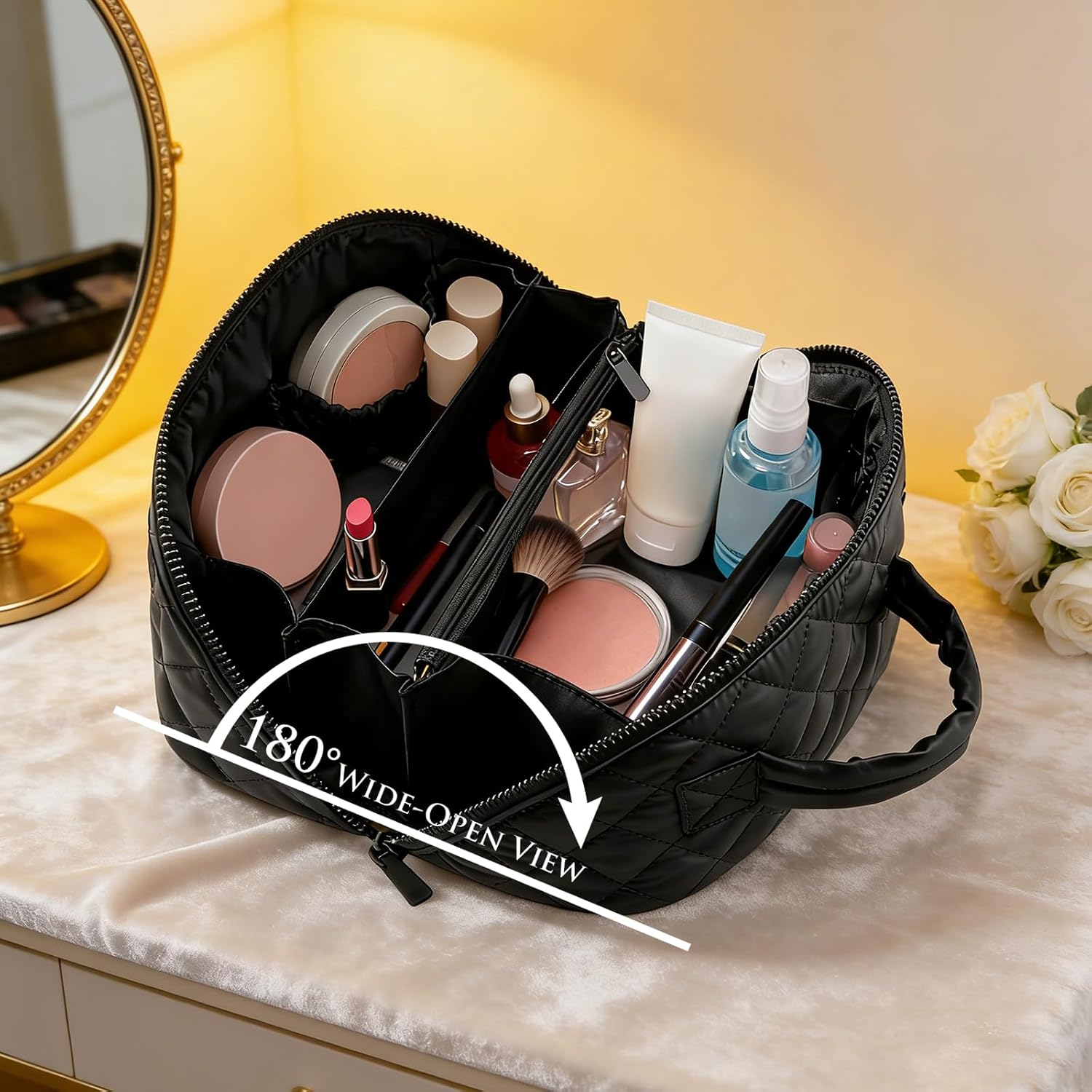 MINGRI Petition Makeup Bag for Travel,Women Quilted Cosmetic Bag Puffer Large Capacity Toiletry Bag 2Pcs,Lay Falt 180°Open Valentine's Day Gift for Toiletries & Brushes with Compartments(Black)