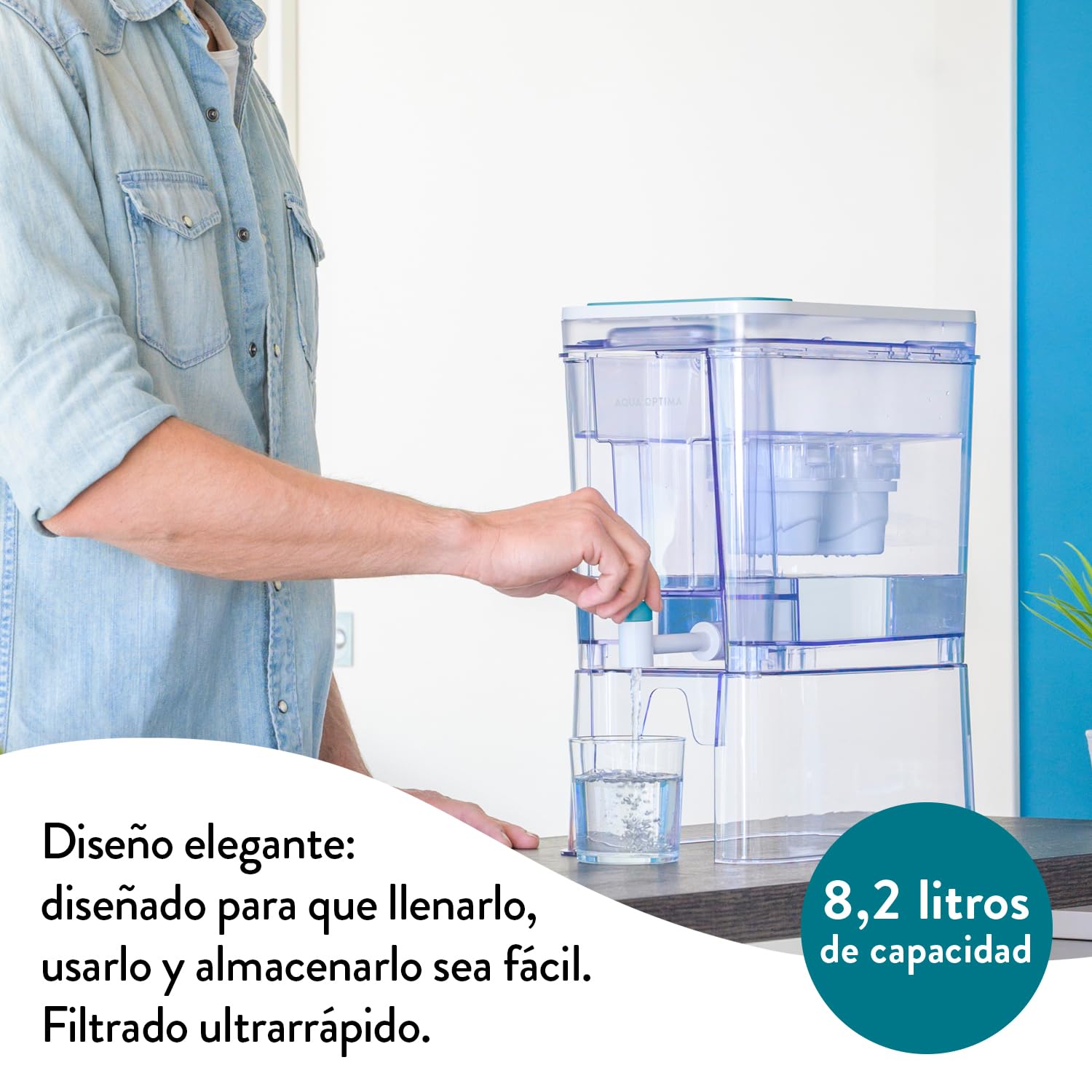 Aqua Optima Dispensador Perfect Pour de Agua Filtrada (8.2L) con Soporte y 6 Filtros - Apto para Nevera, Lavavajillas y Encimera - Reduce Cal, Cloro y Otras Impurezas