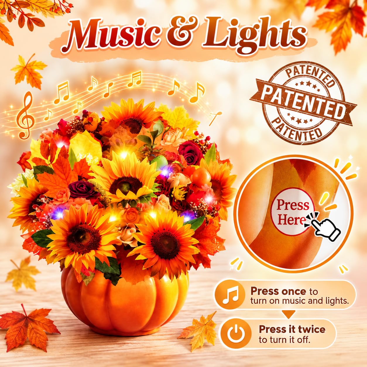 APOTODITO Tarjetas de Acción de Gracias, ramo de flores de otoño desplegable con música y luz, regalos de Acción de Gracias de 12 pulgadas, regalos de Halloween para ella, mamá, mujer, esposa, hermana