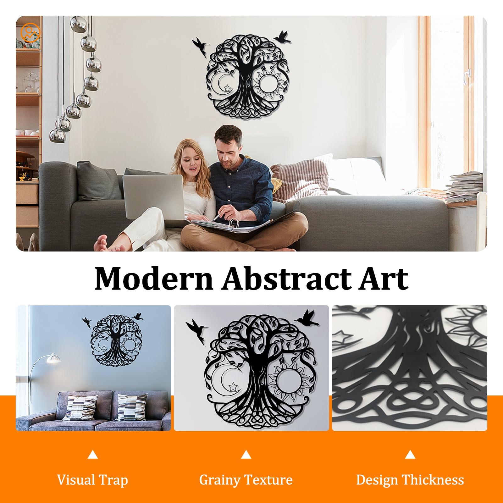 WINUSD 18in Black Metal Wall Art, Tree of Life Wall Decor Metal Artwork for Wall with 2 Pcs Black Metal Bird Silhouette - Image 4
