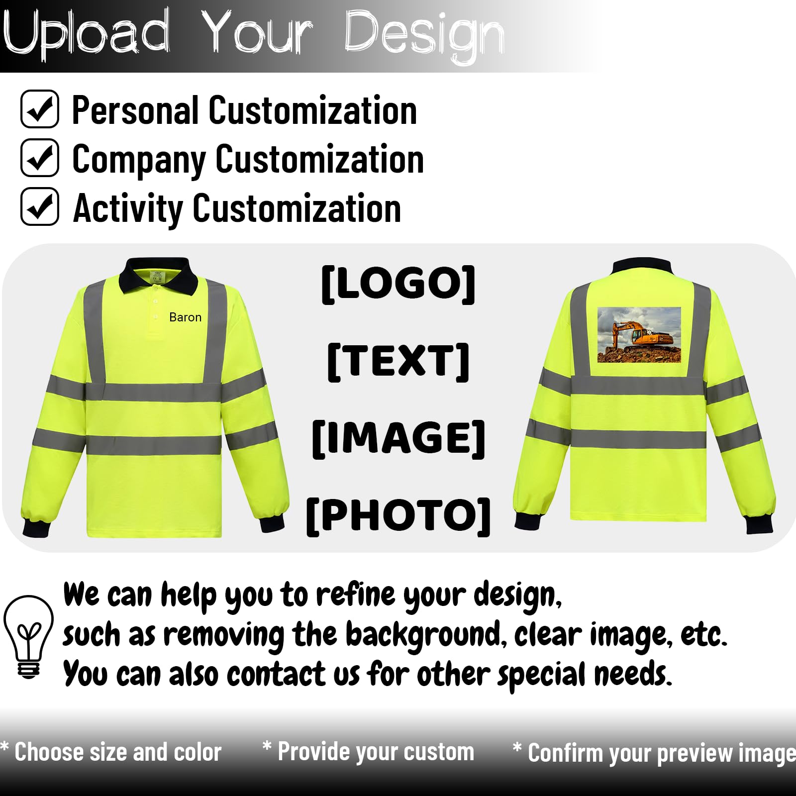 Hi Vis Safety Polo Shirt Custom Your Logo with High Visibility Reflective Strips Long Sleeve T-Shirt Yellow