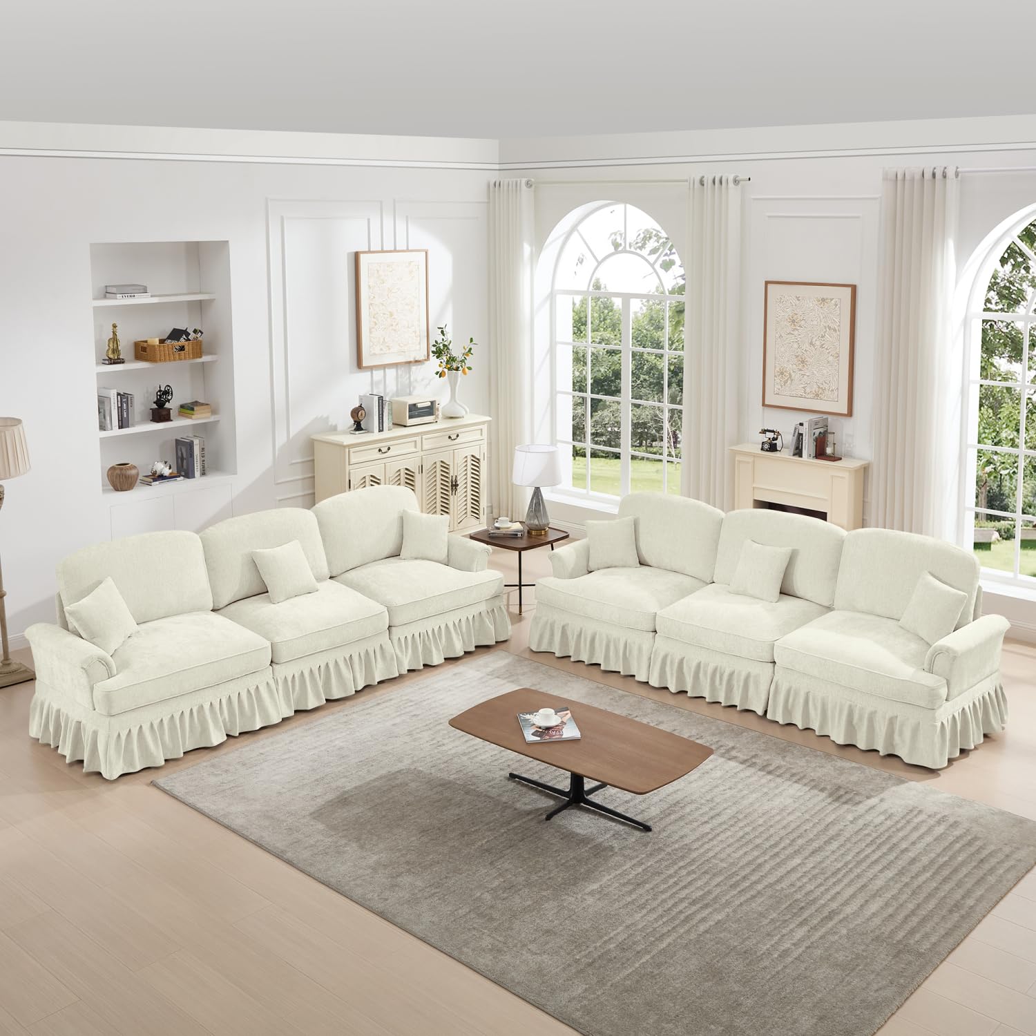 Geelife Classic 2-Piece Modular Couch Set with Flared Arms & Removable Skirts, 3-Seater + Loveseat for Living Room, Beige/White (picture shows 6 pieces, product is only 5 pieces, 3 for the couch and 2 for the loveseat)