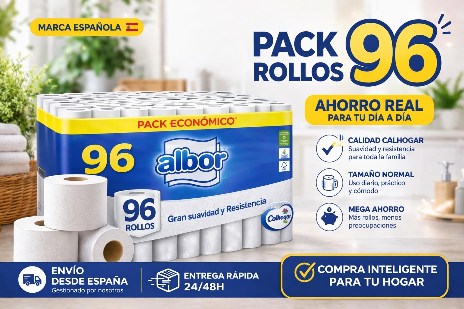 Pack Colhogar Albro, Ahorro XXL 96 Rollos Papel Higiénico WC - Olvídate de Comprar por Meses