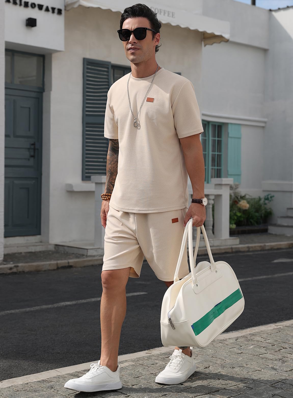 Herren 2-Teilig Waffelstrick Trainingsanzug Set Kurzarm T-Shirt & Shorts Freizeit Sommer Loungewear Outfit