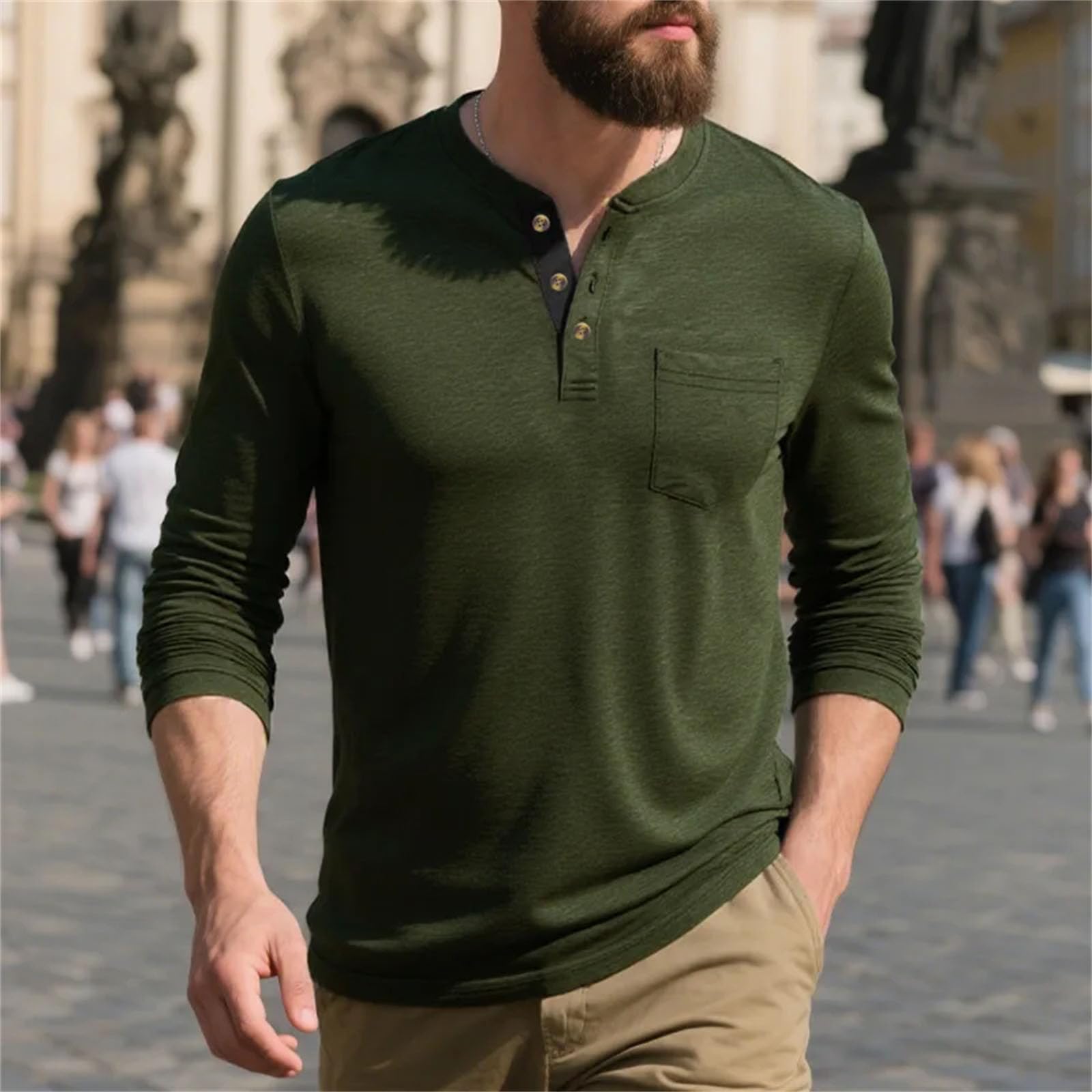 Maglietta da uomo a maniche lunghe, girocollo, alla moda, morbida, traspirante, con colletto a O