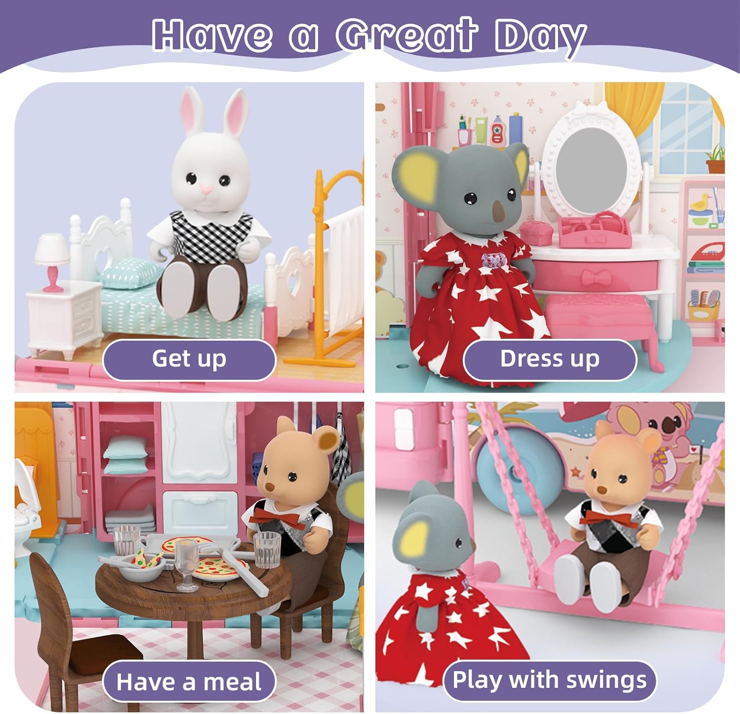 MITCIEN Dollhouse Playset, DIY Pretend Portable Caravan Camper Bus Toy Kit with Little Critters Bunny Dolls Mini Cottage House Set Camping Family Toys for Toddler 3 4 5 6 Year Old Girl