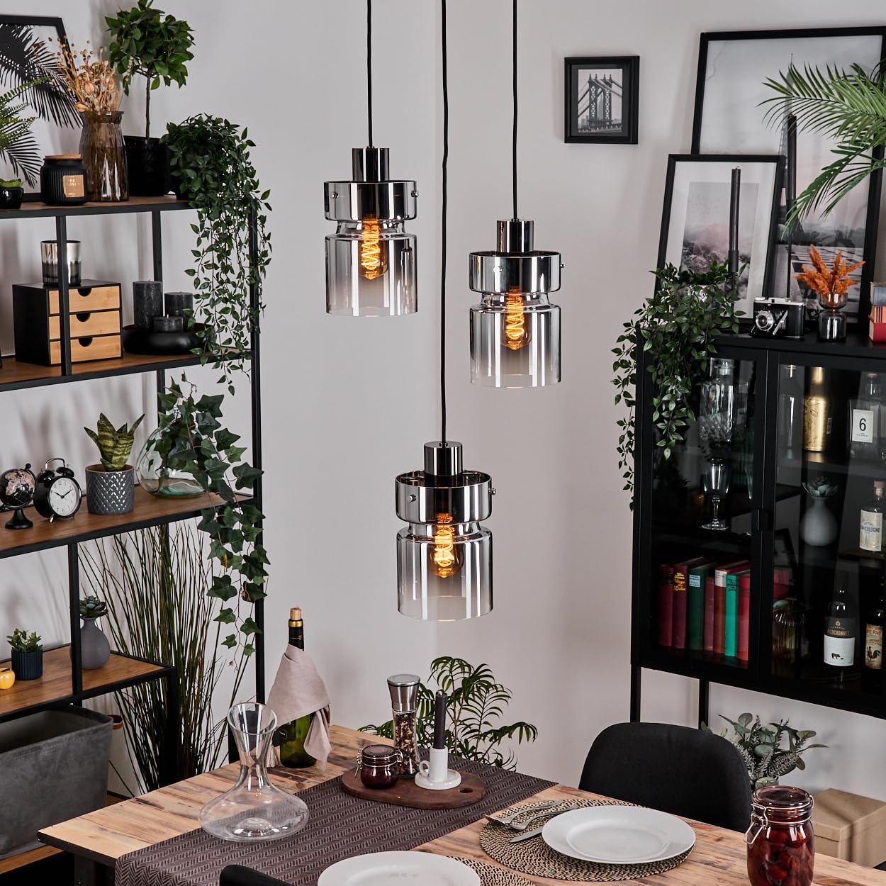 HOFSTEIN Hasvik Pendant Light 3-Bulb Metal / Glass Pendant Lamp in Black/Chrome/Smoke/Clear Vintage Design Diameter 15 cm E27 Pendant Light Adjustable up to 150 cm Dining Room Living Room Kitchen
