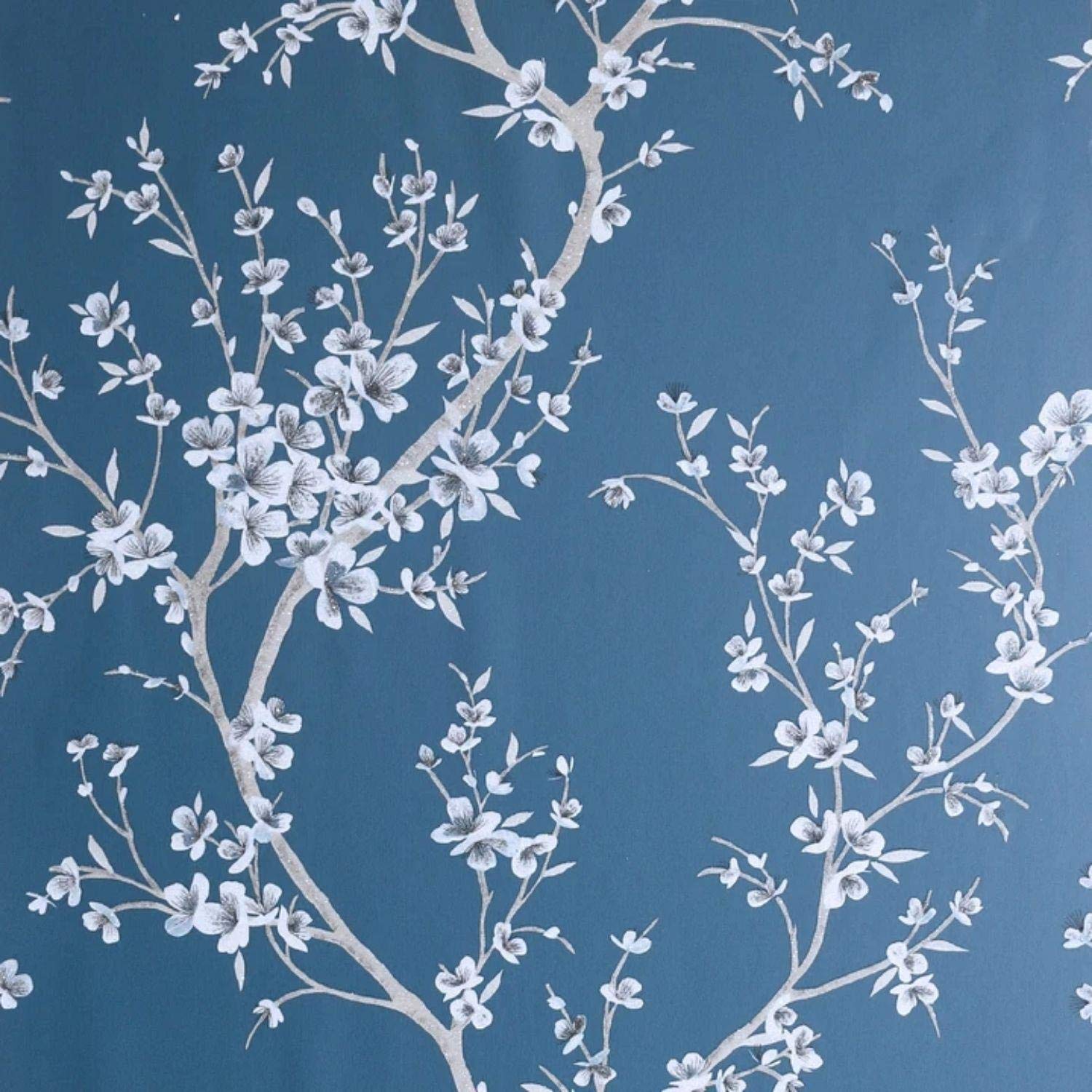 Yöl Blue,White,Teal Oriental Trail Teal Wallpaper White Blossom Flowers Floral Dark Blue Decor