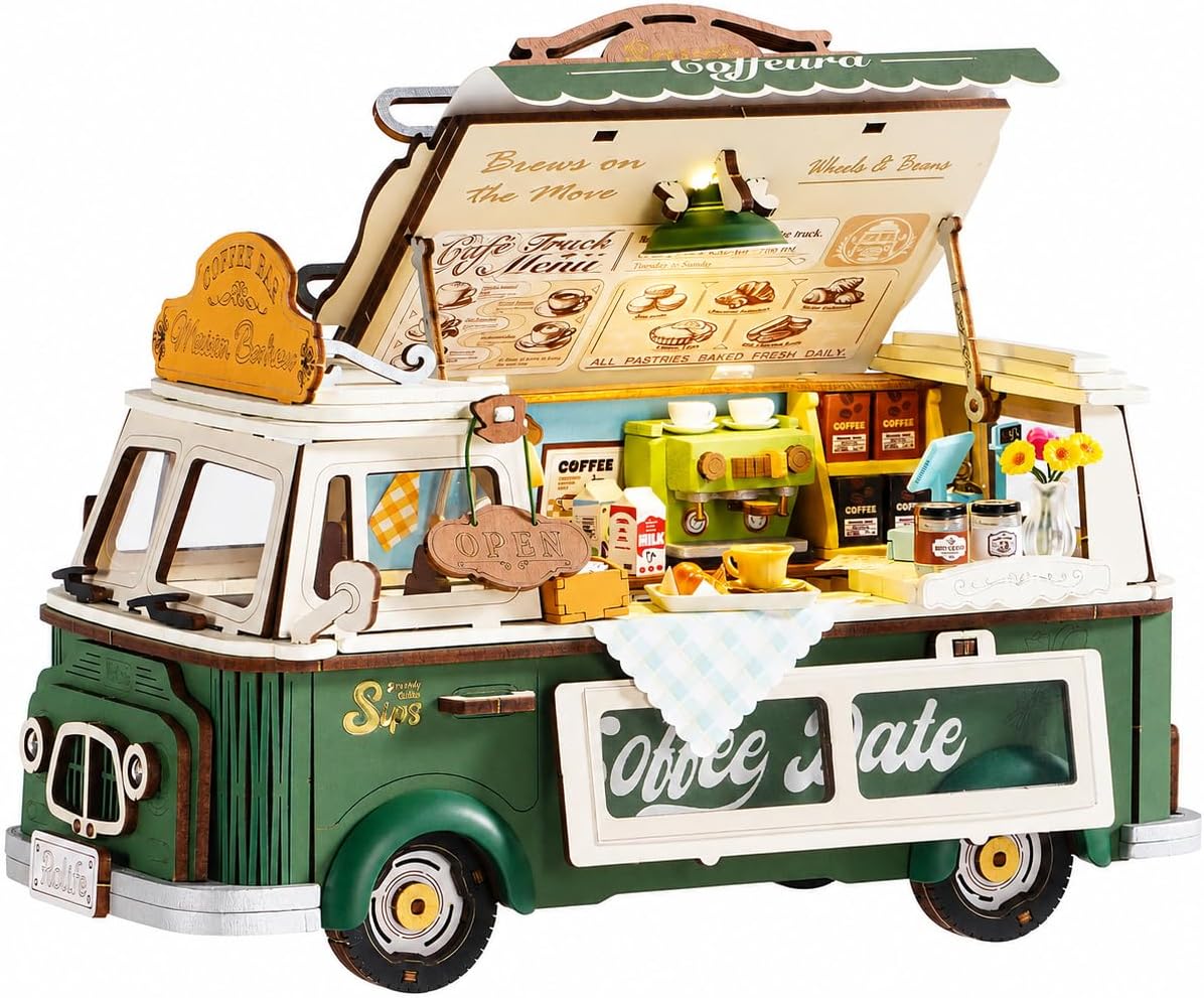 Rolife DIY Miniature House Kit Coffee Truck 3D Wooden Puzzles Book Nook Kit