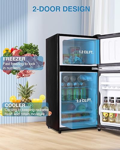 Miniatura 5 de Kazigak Mini refrigerador con congelador, refrigerador compacto de 3.5 pies cúbicos de doble puerta, termostato ajustable de 7 niveles, para